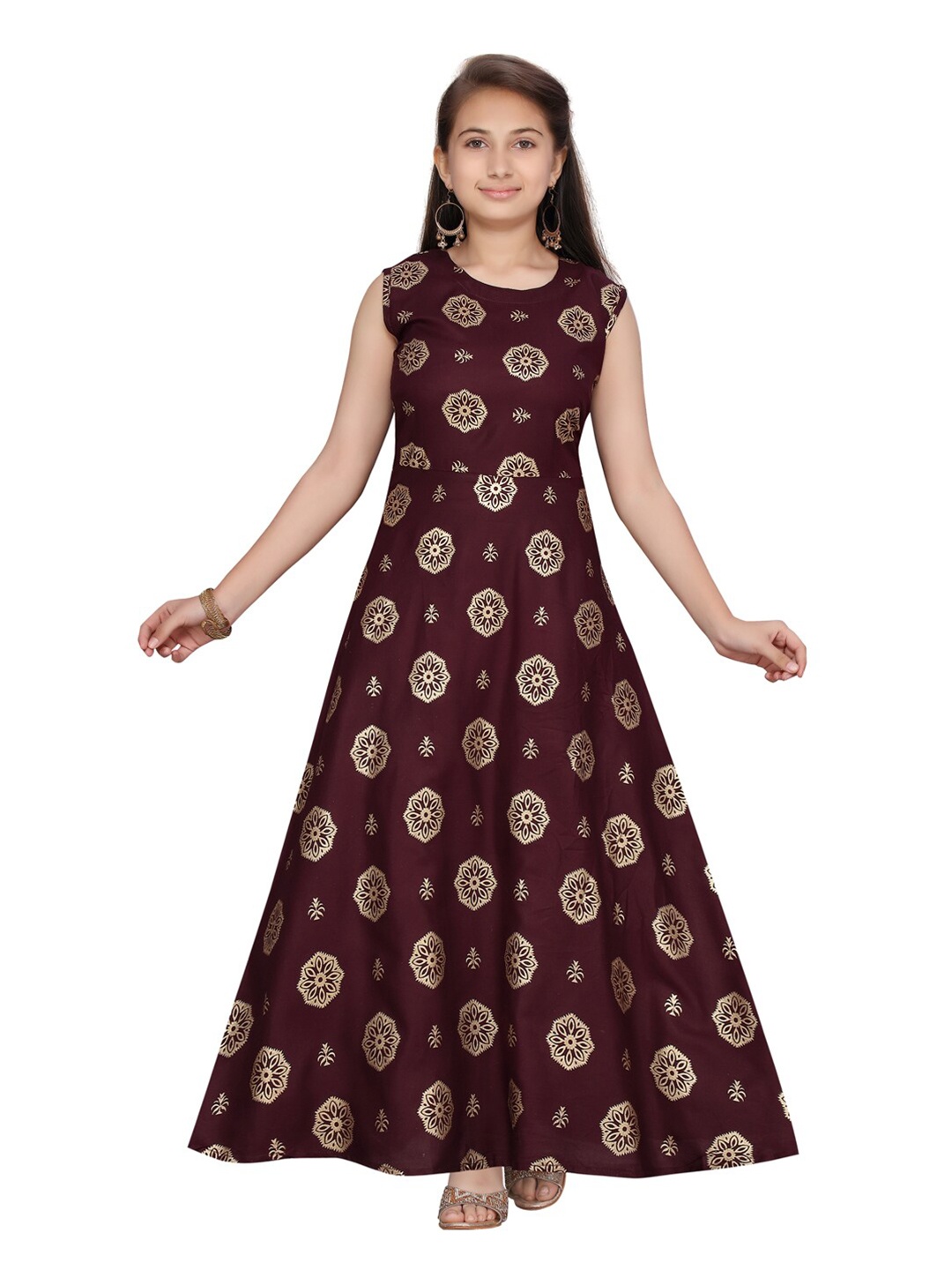

Aarika Girls Burgundy Ethnic Motifs Cotton Maxi Dress