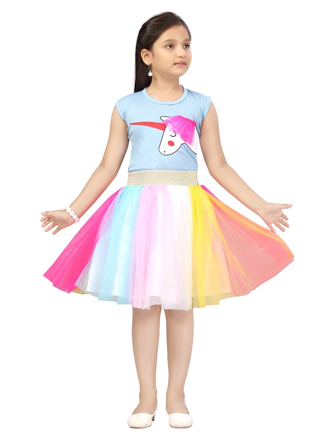 

Aarika Girls Blue & White Multi Color Unicorn Print Skirt & Top Set