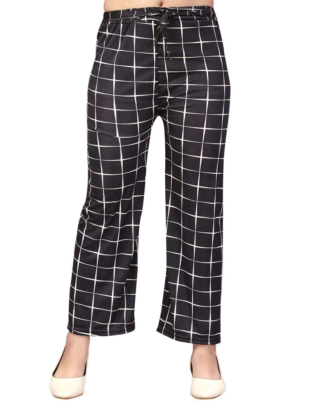 

Aarika Girls Black & White Checked Flared Knitted Palazzos