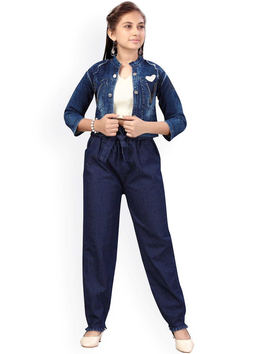 

Aarika Girls Blue Floral Lightweight Longline Open Front Jacket with Embroidered