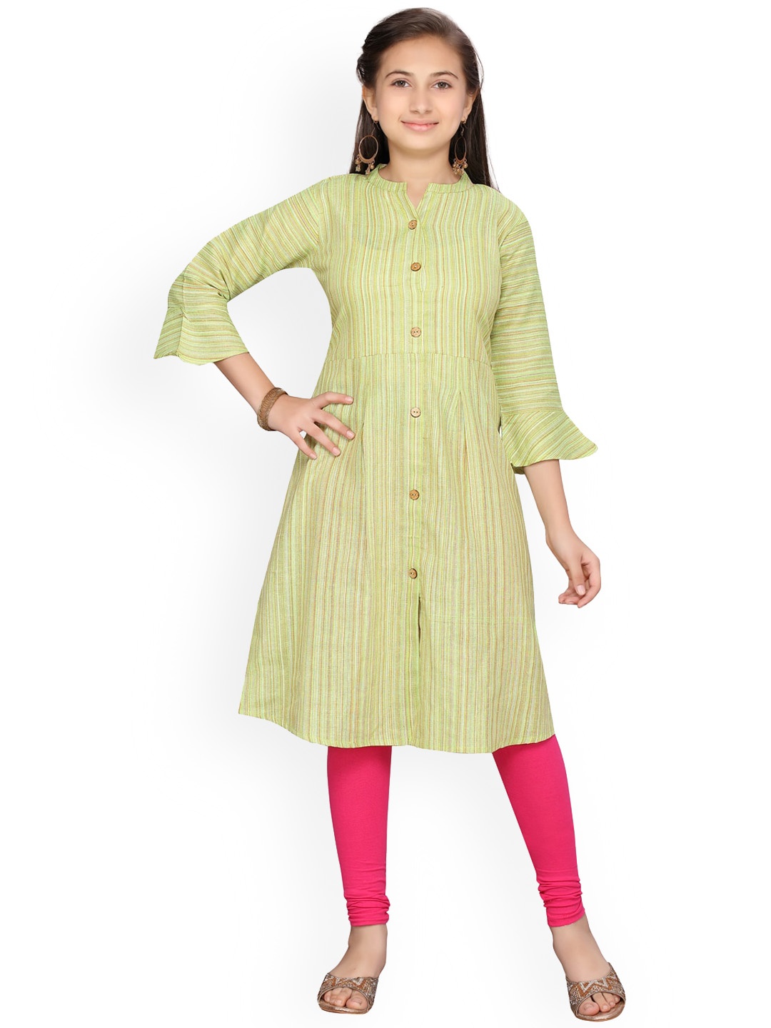 

Aarika Girls Green Striped Flared Sleeves A-Line Kurta