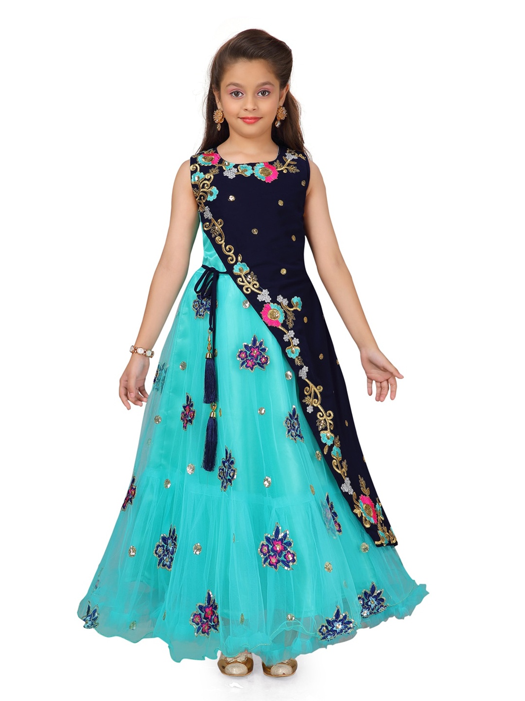 

Aarika Green Floral Net Maxi Dress
