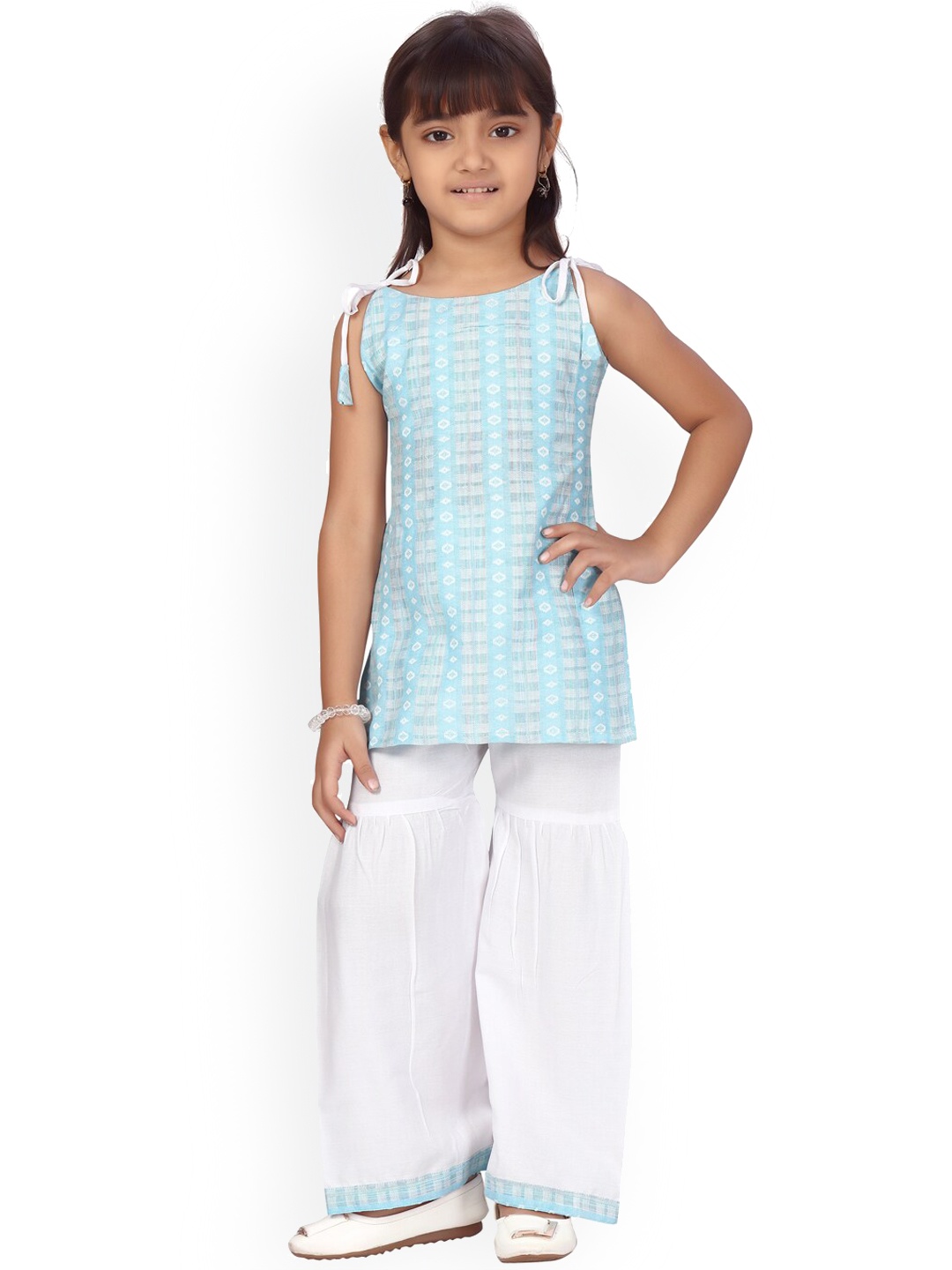 

Aarika Girls Turquoise Blue Embroidered Pure Cotton Kurta with Sharara