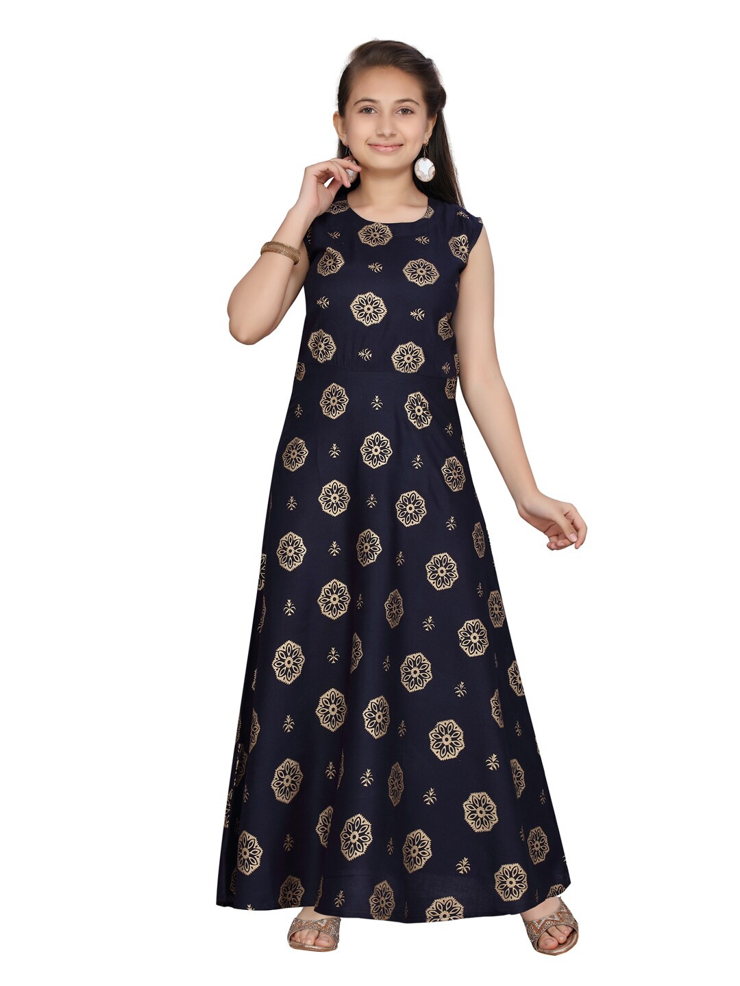 

Aarika Teen Girls Blue Cotton Floral A-Line Dress