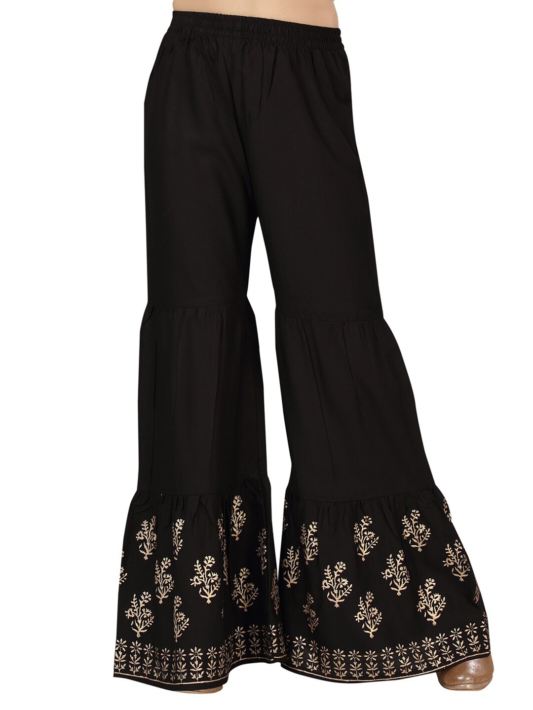 

Aarika Girls Black & Gold-Toned Floral Printed Flared Knitted Palazzos