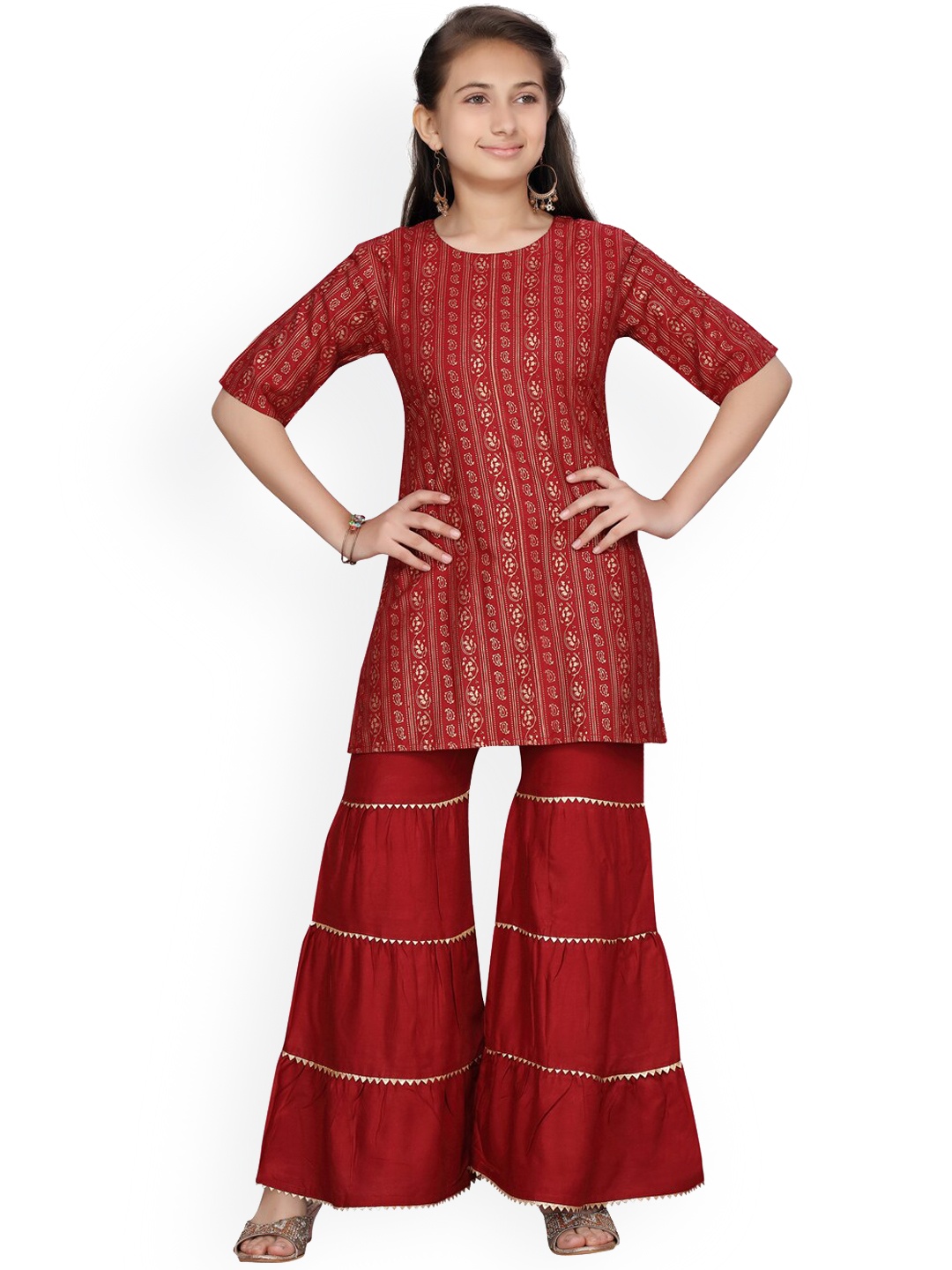 

Aarika Girls Maroon Ethnic Motifs Printed Pure Cotton Kurti with Sharara & With Dupatta