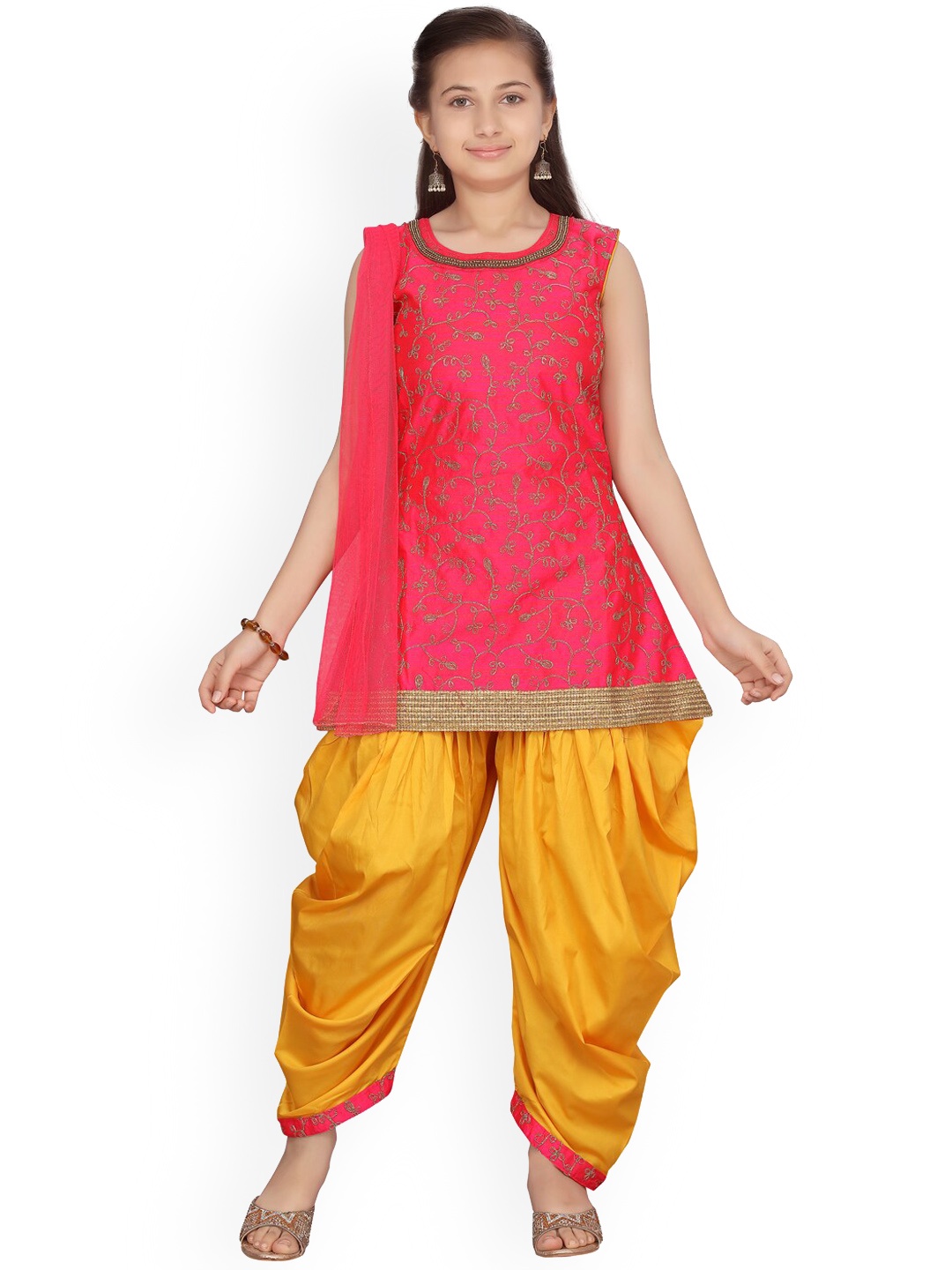 

Aarika Girls Pink Angrakha Pure Silk Kurti & Dhoti Pants