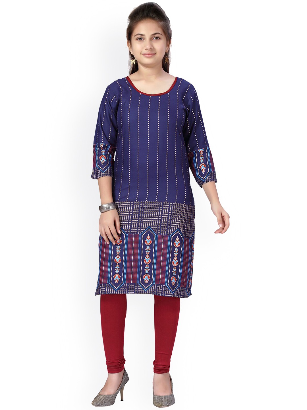 

Aarika Girls Navy Blue Floral Printed Pure Cotton Kurti with Churidar