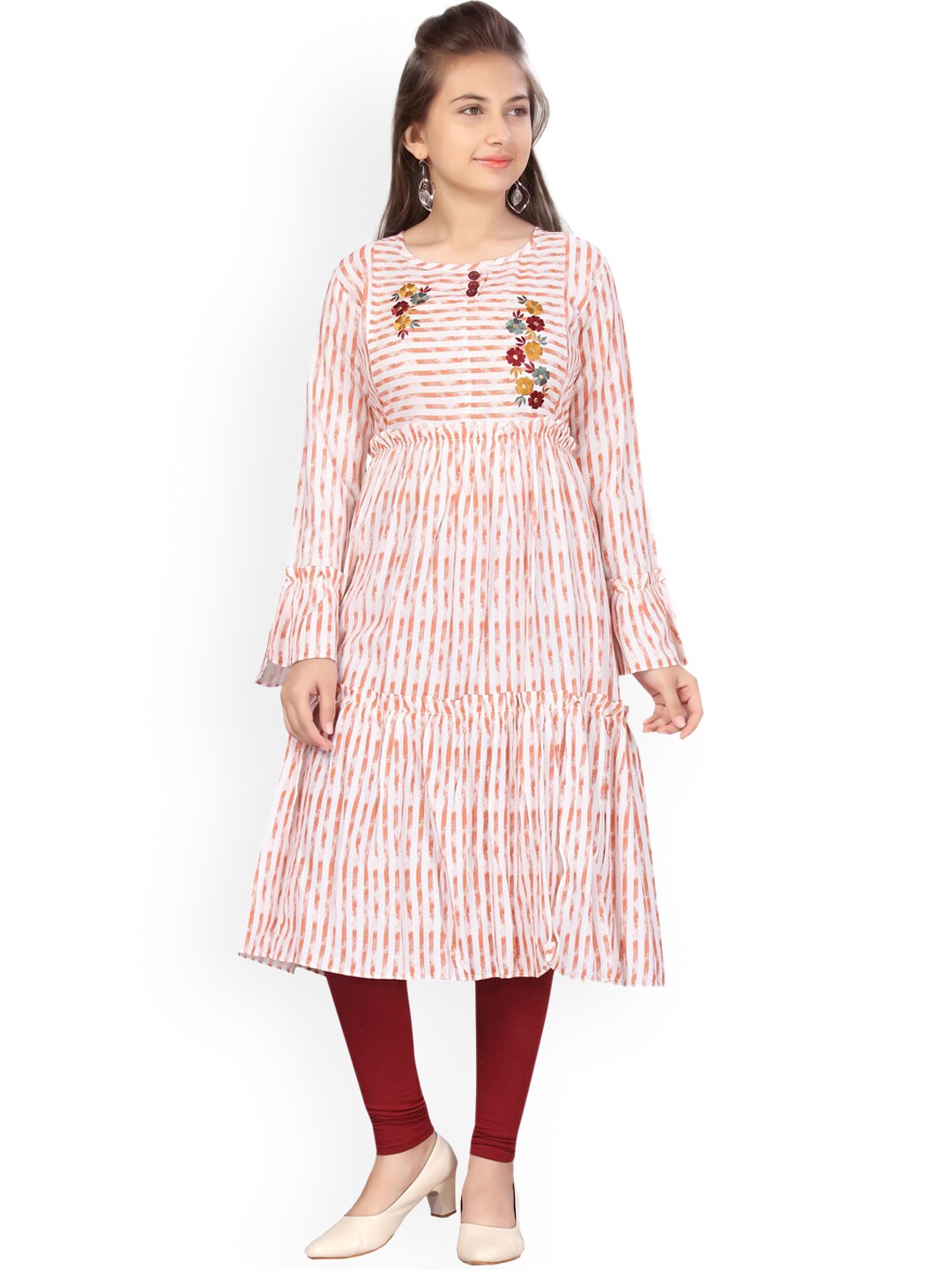 

Aarika Girls White & Orange Striped Kurta