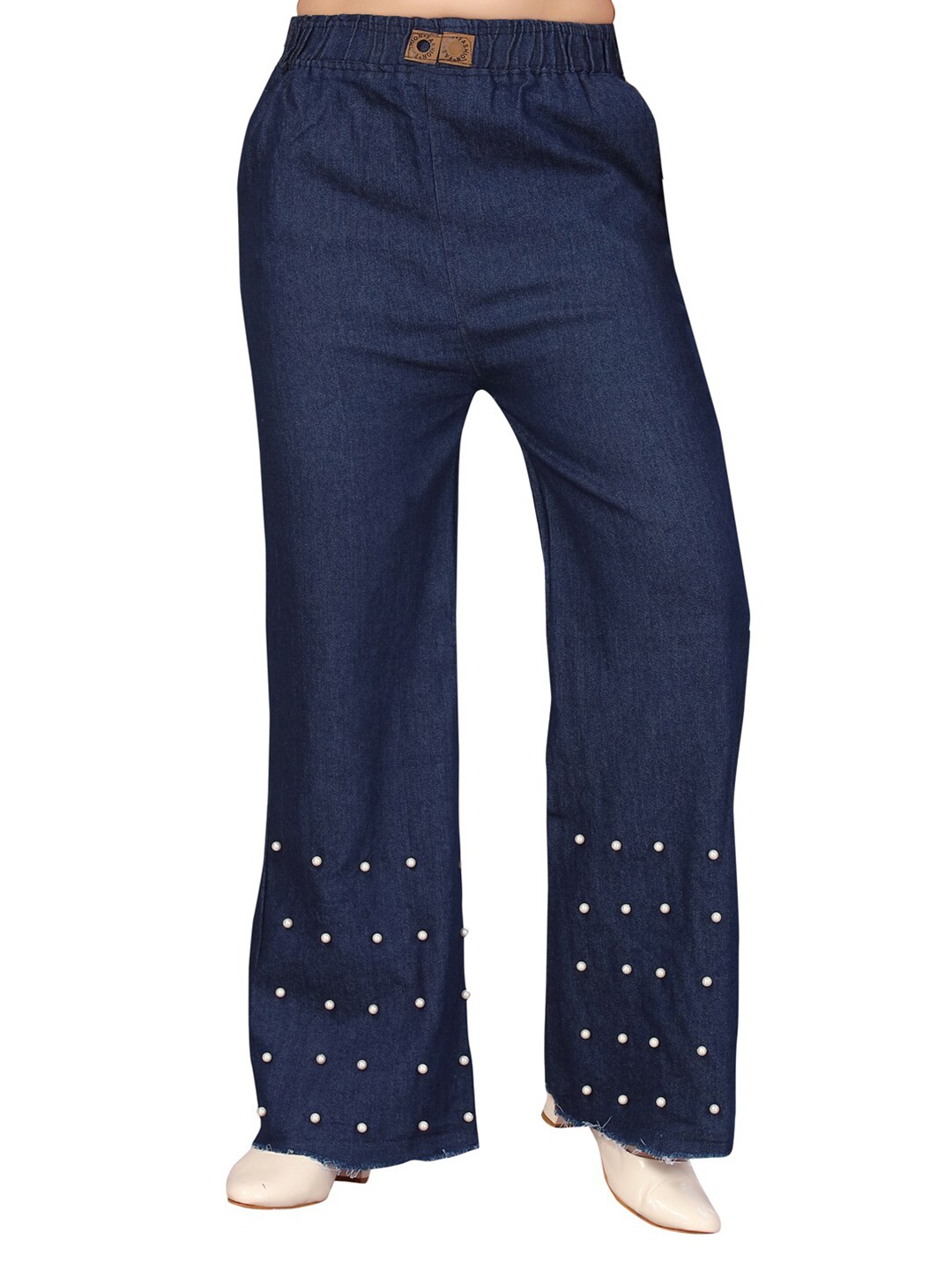 

Aarika Girls Navy Blue Embellished Flared Knitted Palazzos