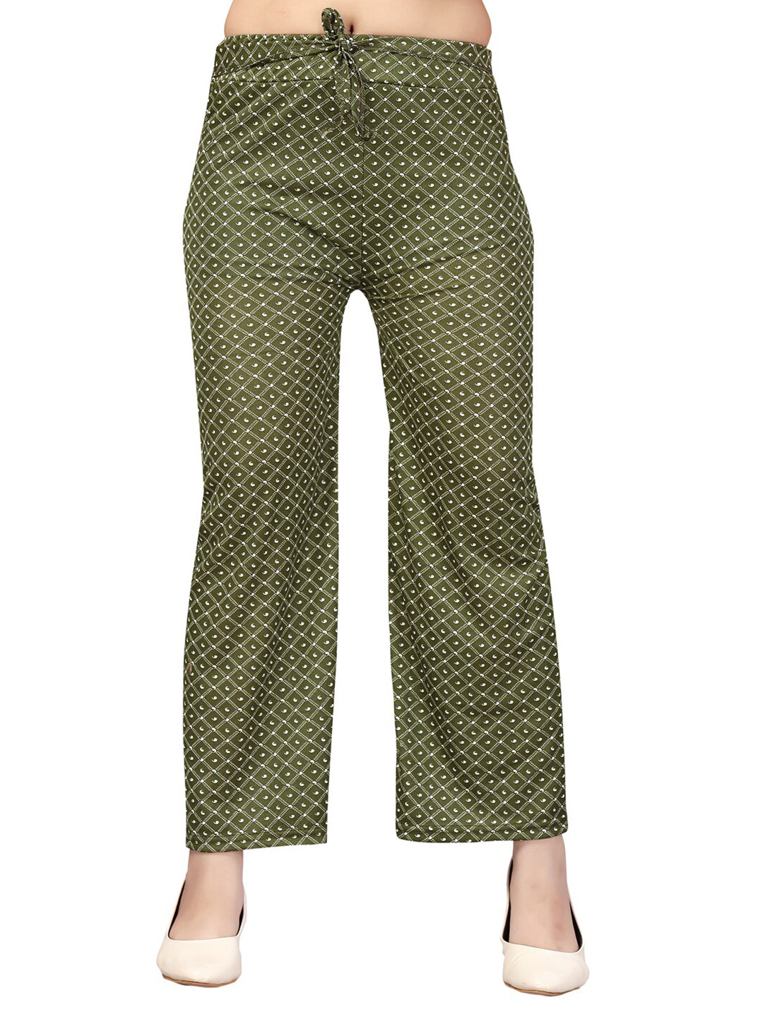 

Aarika Girls Green & White Printed Flared Knitted Cotton Palazzos