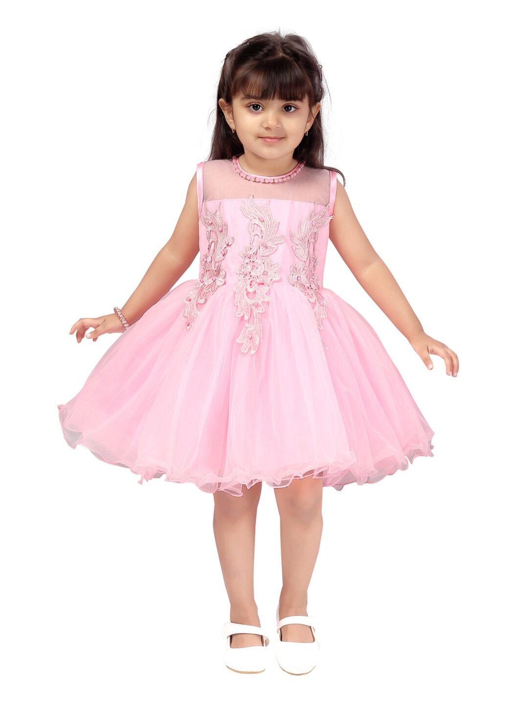 

Aarika Girls Casual Pink Net Frock Dress