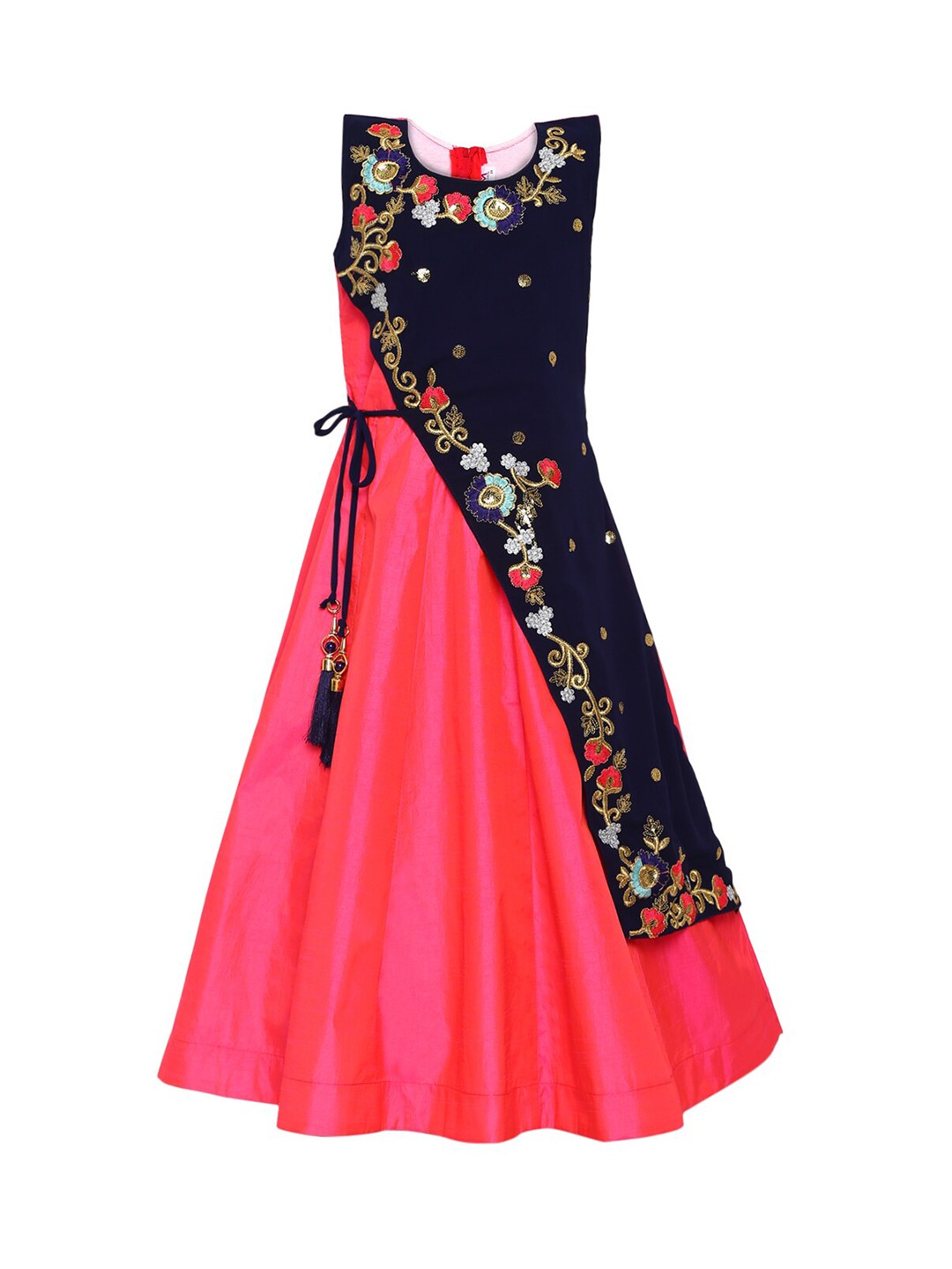 

Aarika Girls Red & Navy Blue Floral Maxi Sleeveless Gown