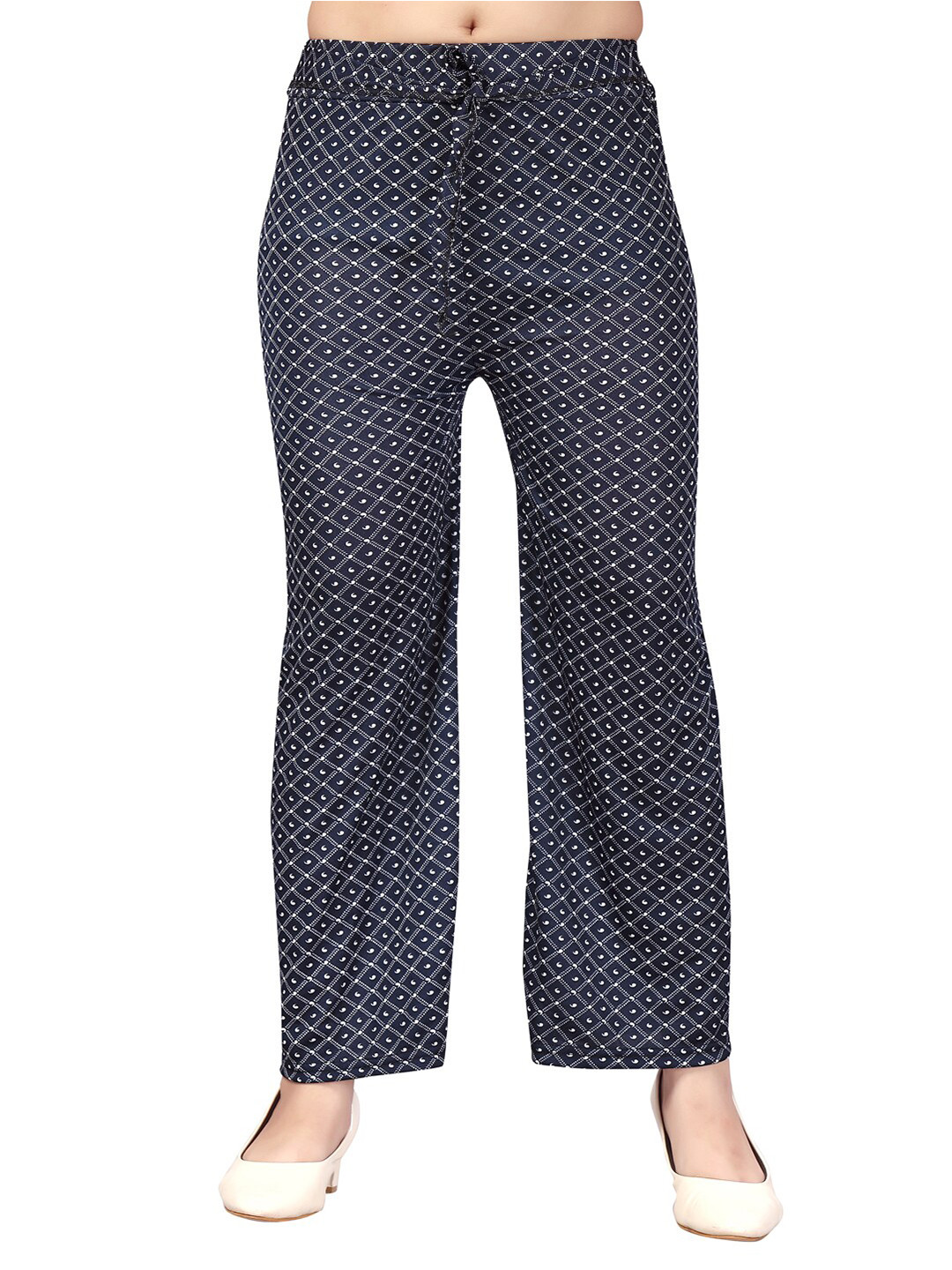 

Aarika Girls Navy Blue & White Printed Flared Knitted Cotton Palazzos