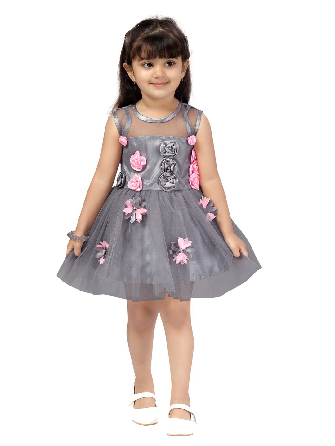 

Aarika Girls Grey Embellished Fit & Flare Net Dress