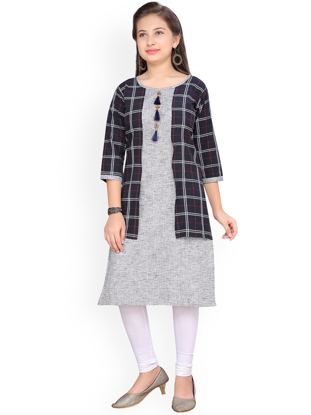 

Aarika Girls Navy Blue & Grey Checked Kurta