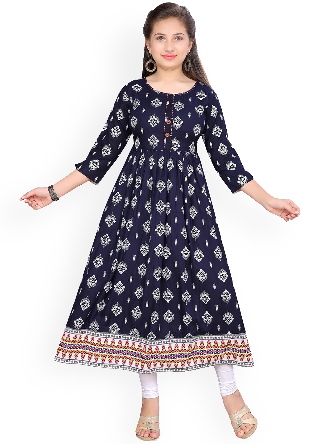 

Aarika Girls Navy Blue Ethnic Motif Printed Cotton Anarkali Kurta