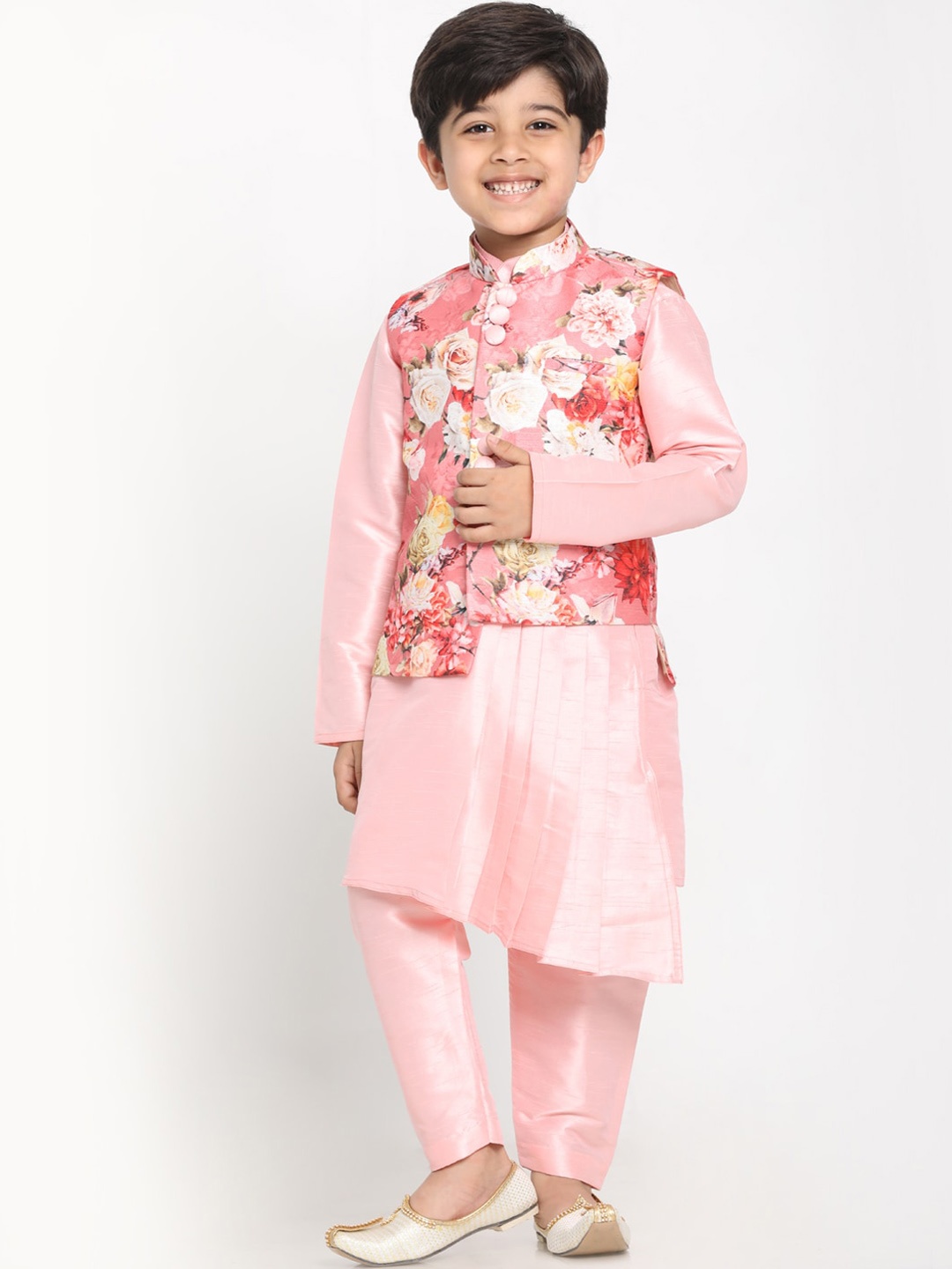 

JBN Creation Boys Pink Embroidered Empire Kurta with Pyjamas & Nehru Jacket