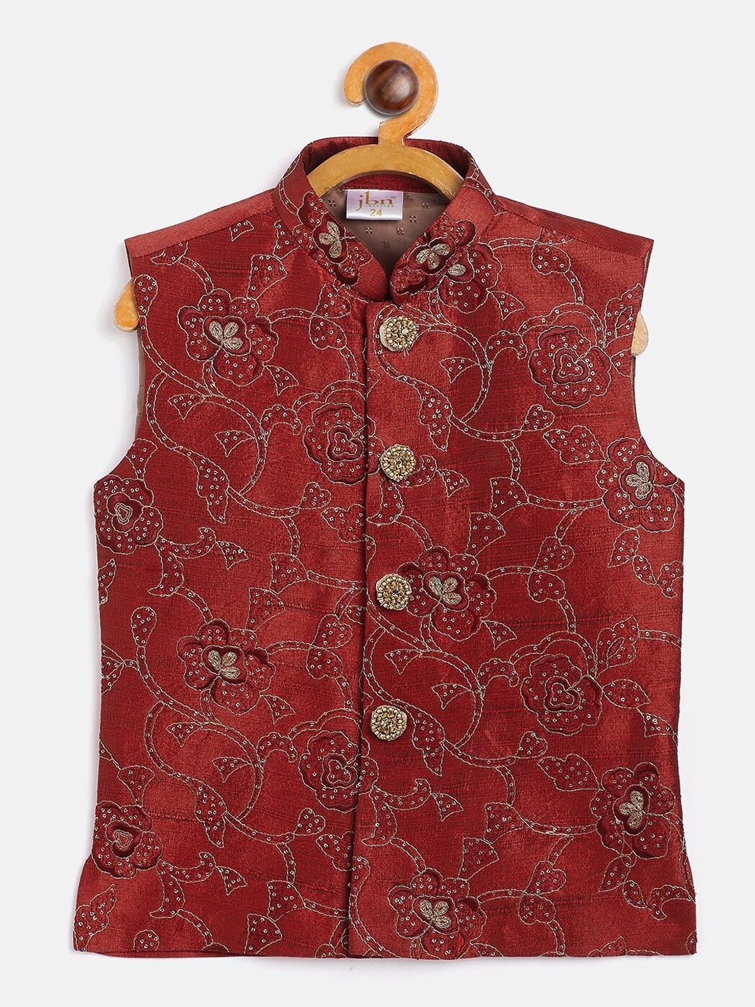 

JBN Creation Boys Maroon Embroidered Silk Blend Nehru Jacket