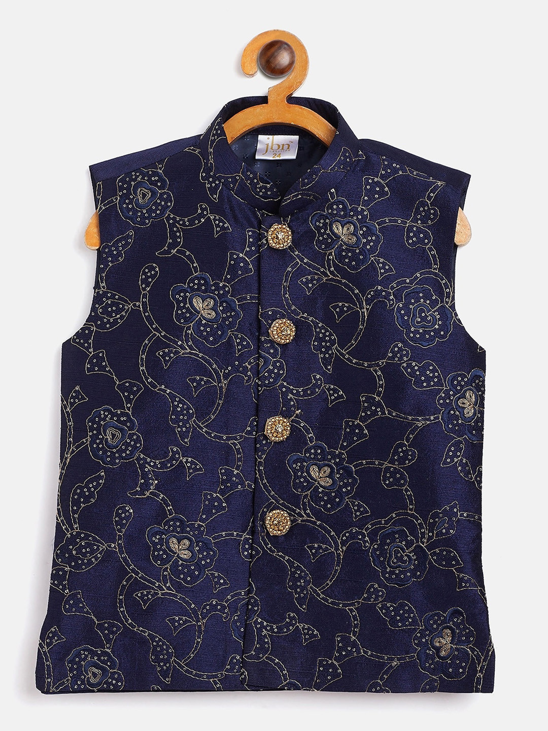 

JBN Creation Boys Navy Blue Embellished Woven Nehru Jacket