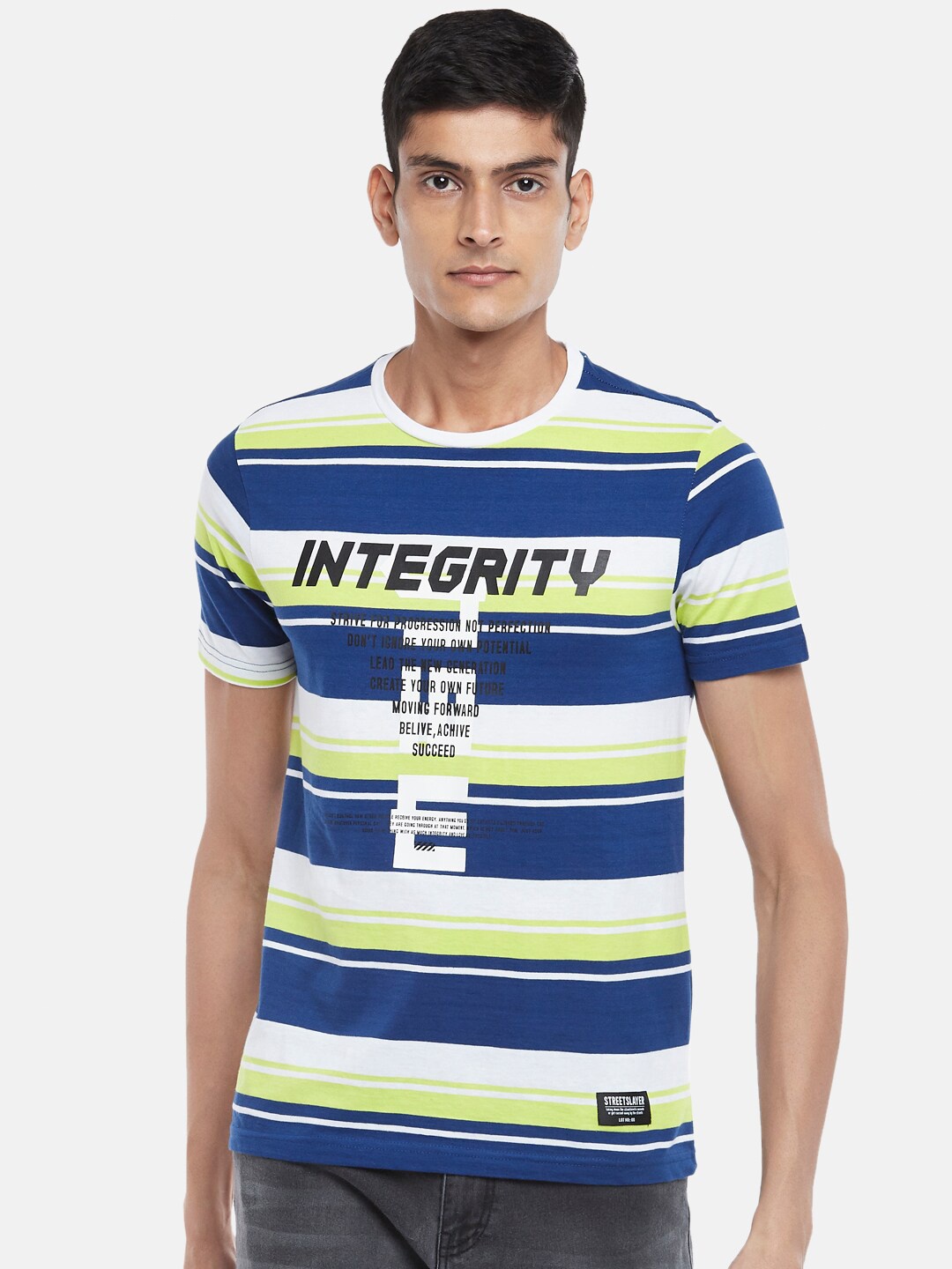 

People Men Lime Green & Blue Striped Cotton T-shirt