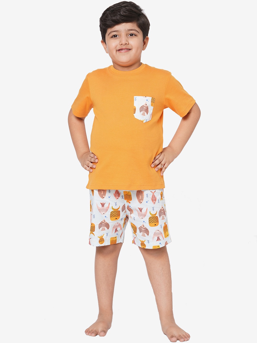 

CASA DE NEE NEE Kids Off White & Orange Printed Cotton Night suit