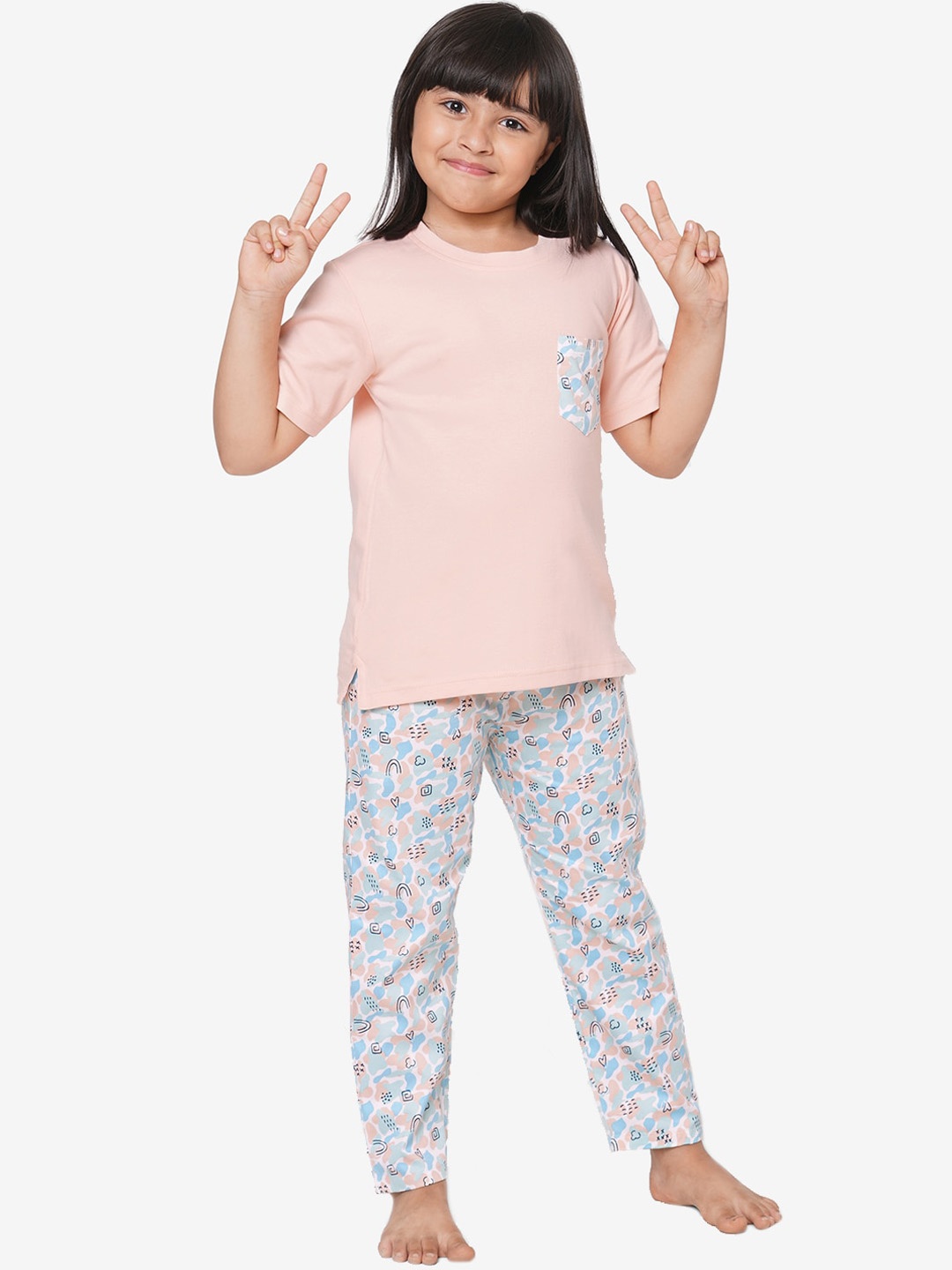 

CASA DE NEE NEE Kids Peach-Coloured & White Pure Cotton Night Suit