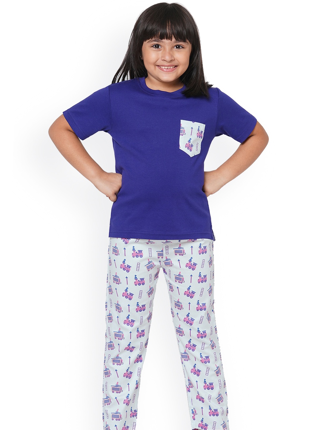 

CASA DE NEE NEE Kids Violet & Grey Printed Cotton Night suit