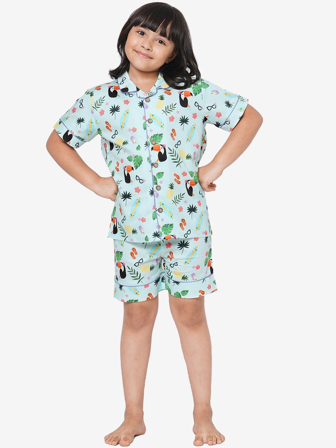 

CASA DE NEE NEE Kids Blue & Green Printed Pure Cotton Shorts Night suit