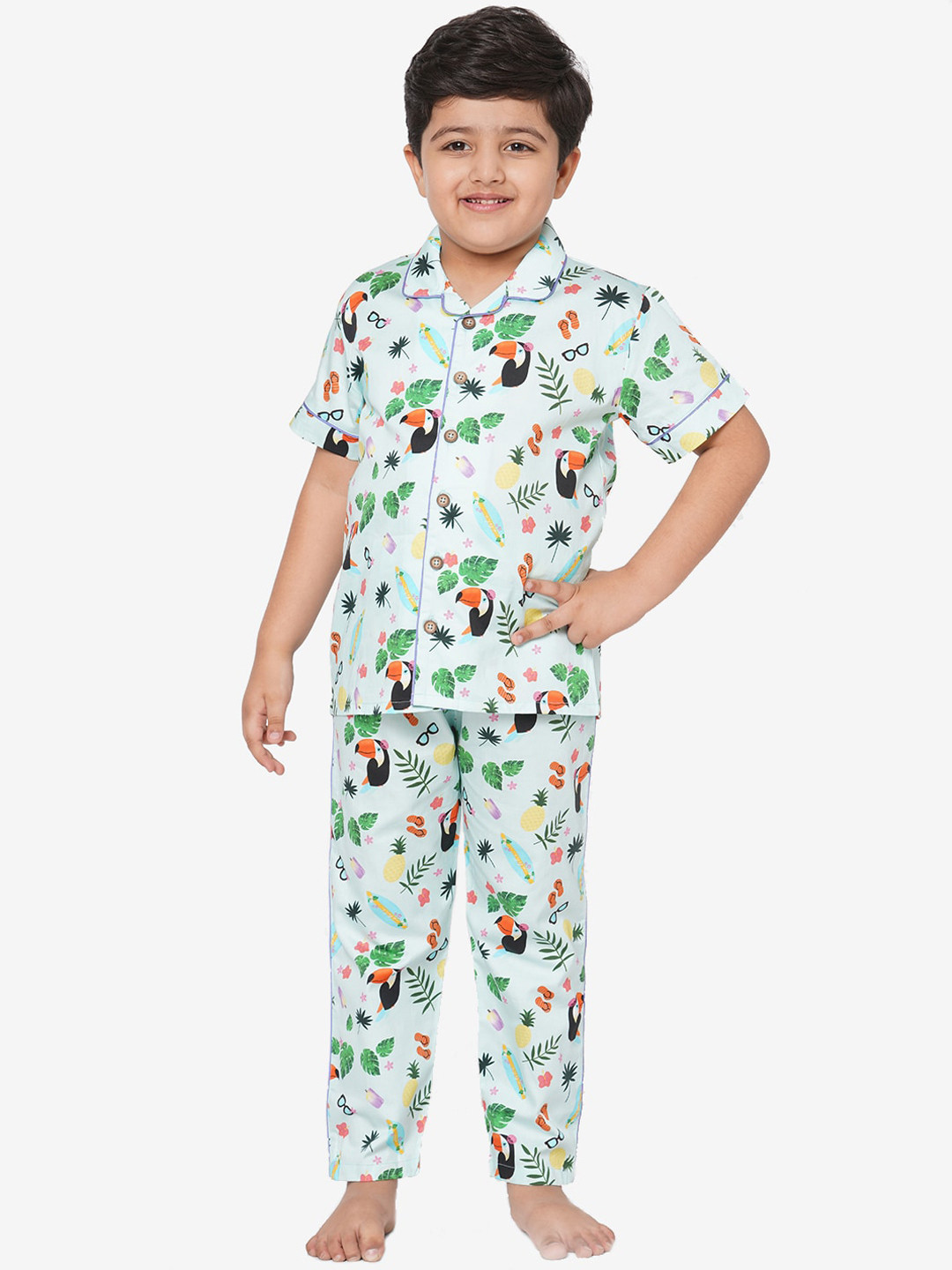 

CASA DE NEE NEE Kids Blue & Green Printed Cotton Night suit