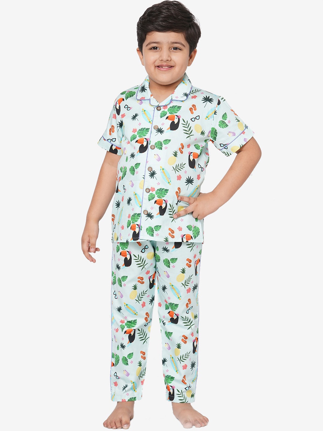 

CASA DE NEE NEE Kids Blue & Green Printed Cotton Night suit