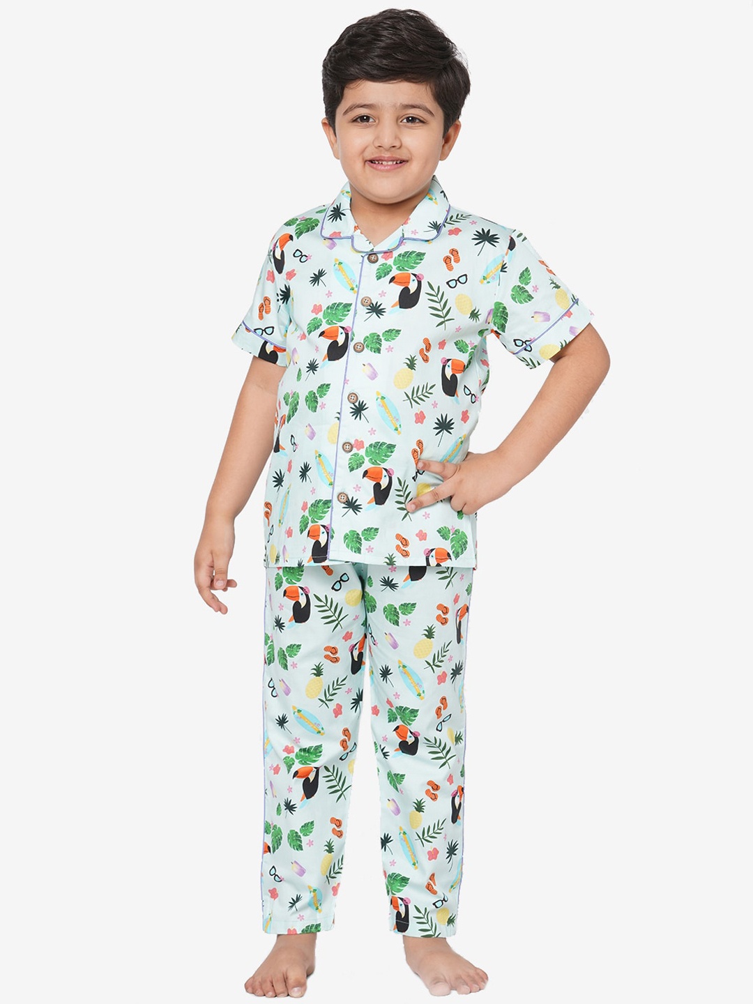 

CASA DE NEE NEE Kids Blue & Green Printed Pure Cotton Night suit