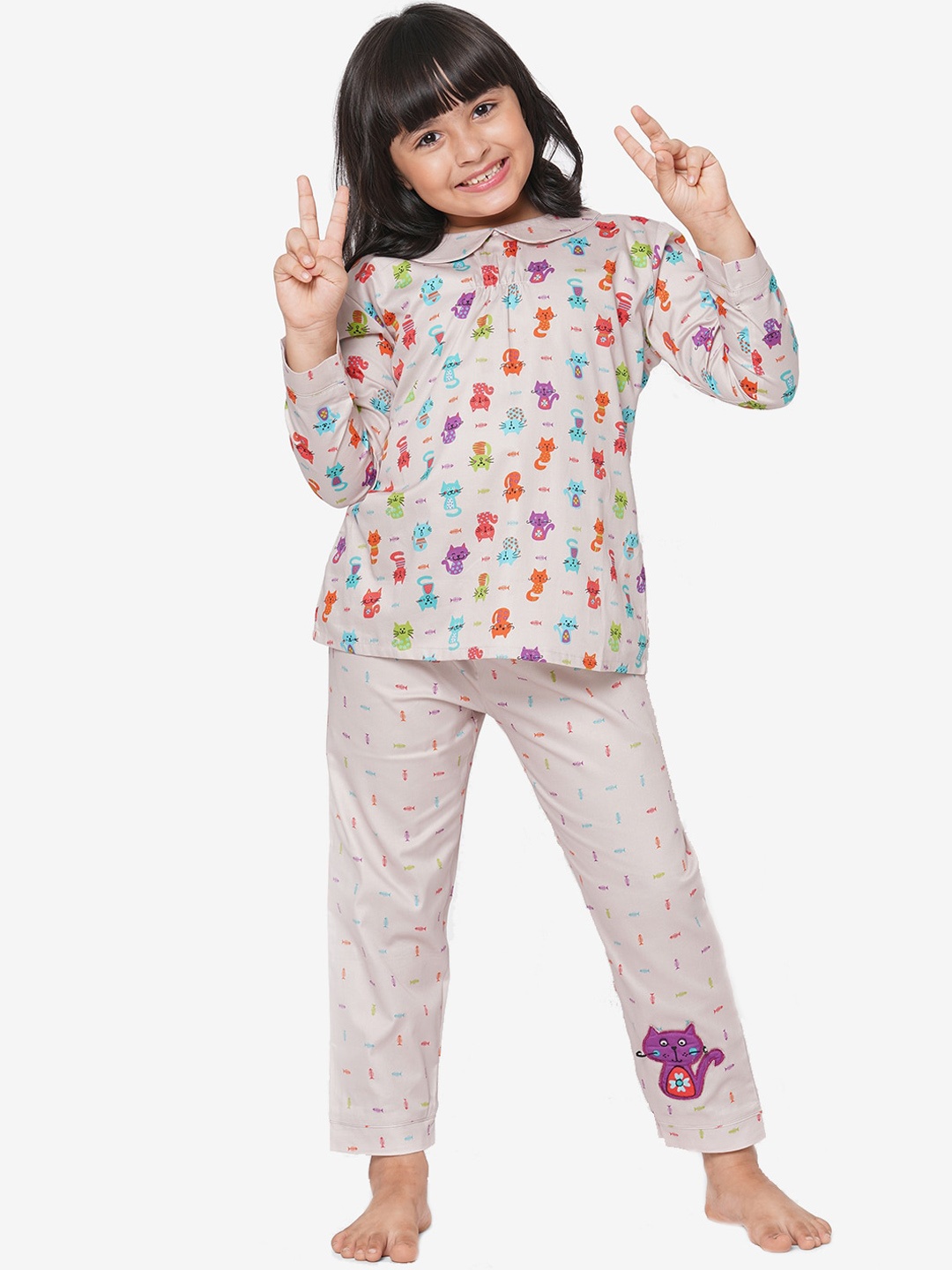 

CASA DE NEE NEE Kids Peach-Coloured & Purple Printed Pure Cotton Night Suit