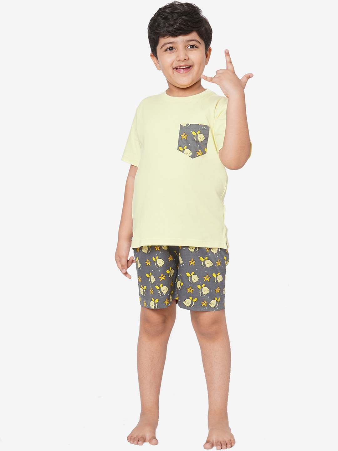 

CASA DE NEE NEE Kids Yellow & Grey Printed Cotton Night suit