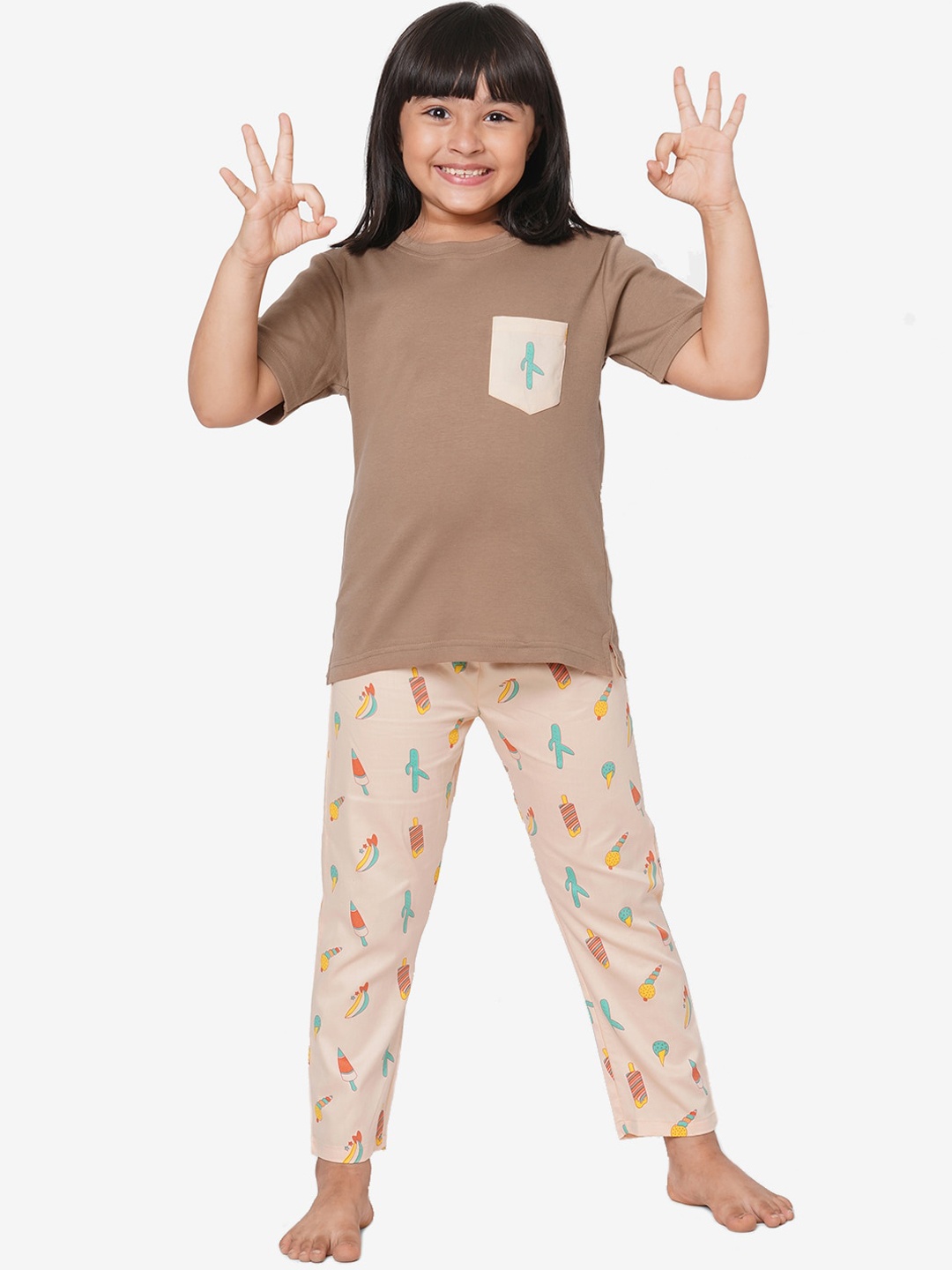 

CASA DE NEE NEE Unisex Kids Peach-Coloured & Blue Pocket Ice Cream Printed Night suit