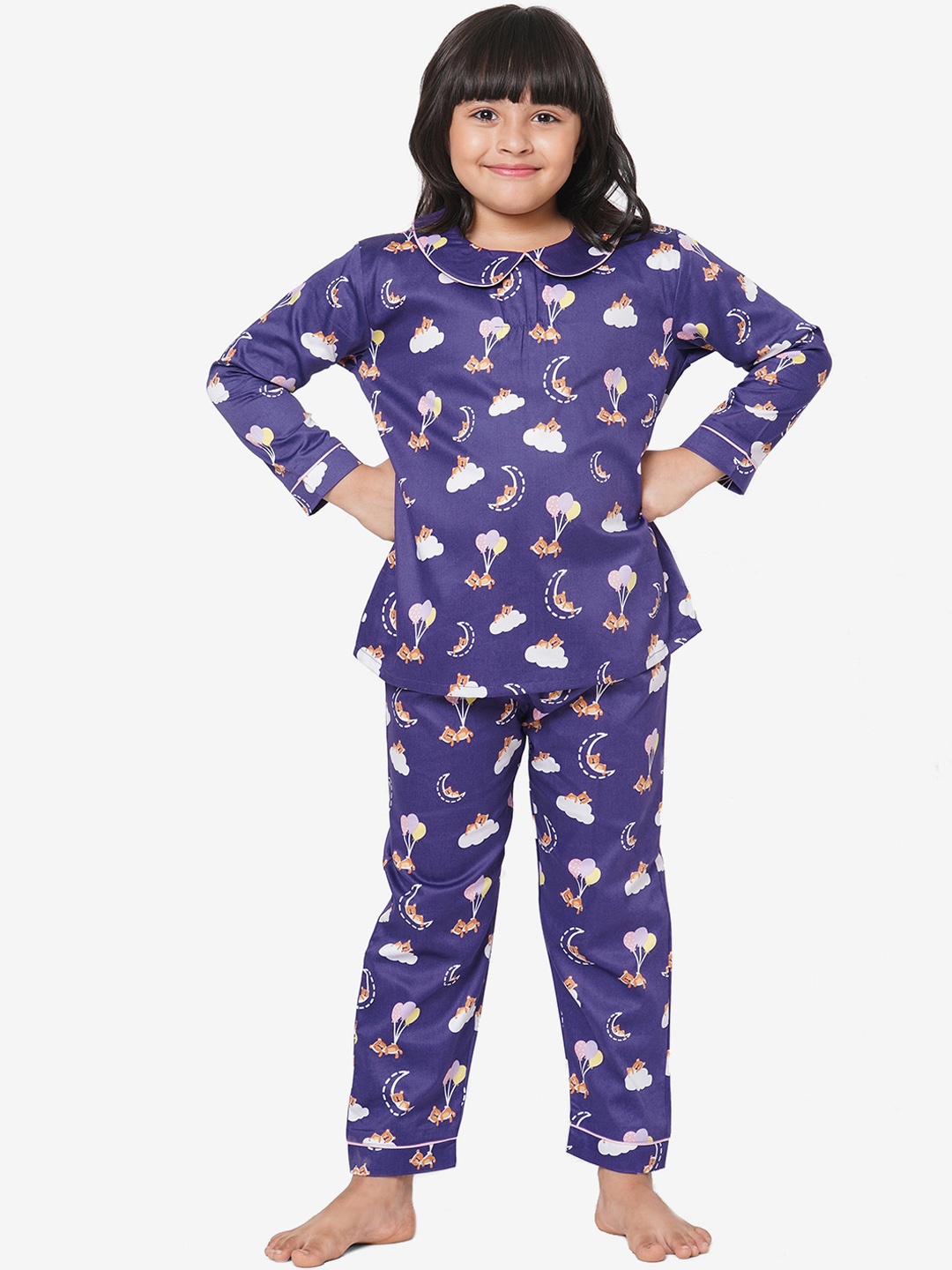 

CASA DE NEE NEE Unisex Kids Blue & White Printed Pure Cotton Night suit