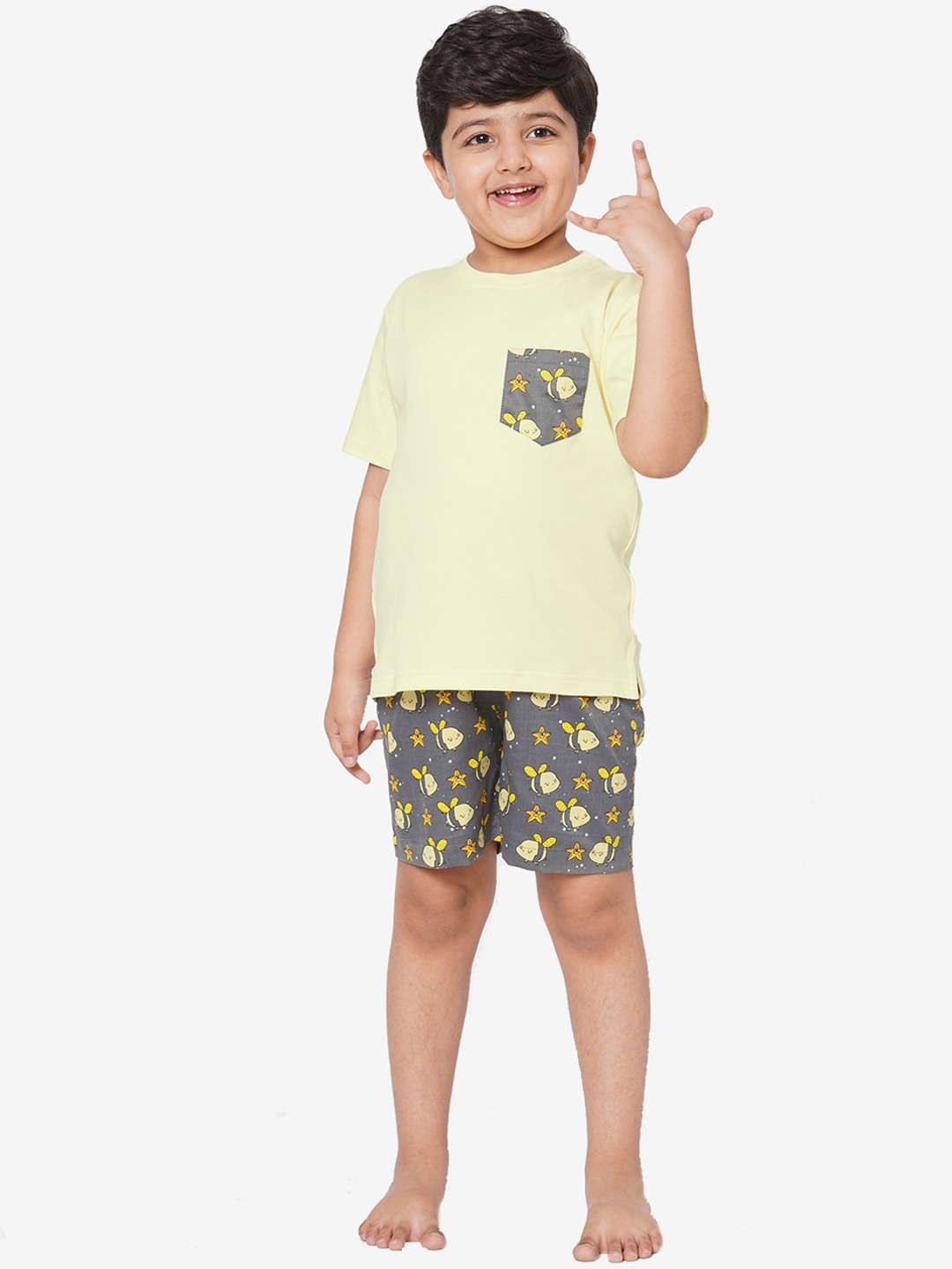 

CASA DE NEE NEE Kids Yellow & Grey Pure Cotton Night Suit