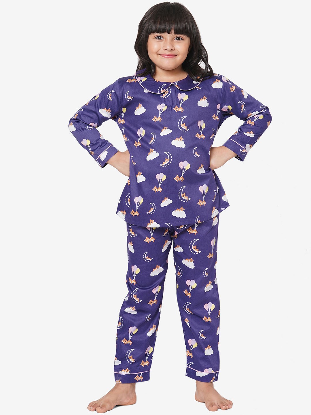 

CASA DE NEE NEE Unisex Kids Blue & White Printed Pure Cotton Night Suit