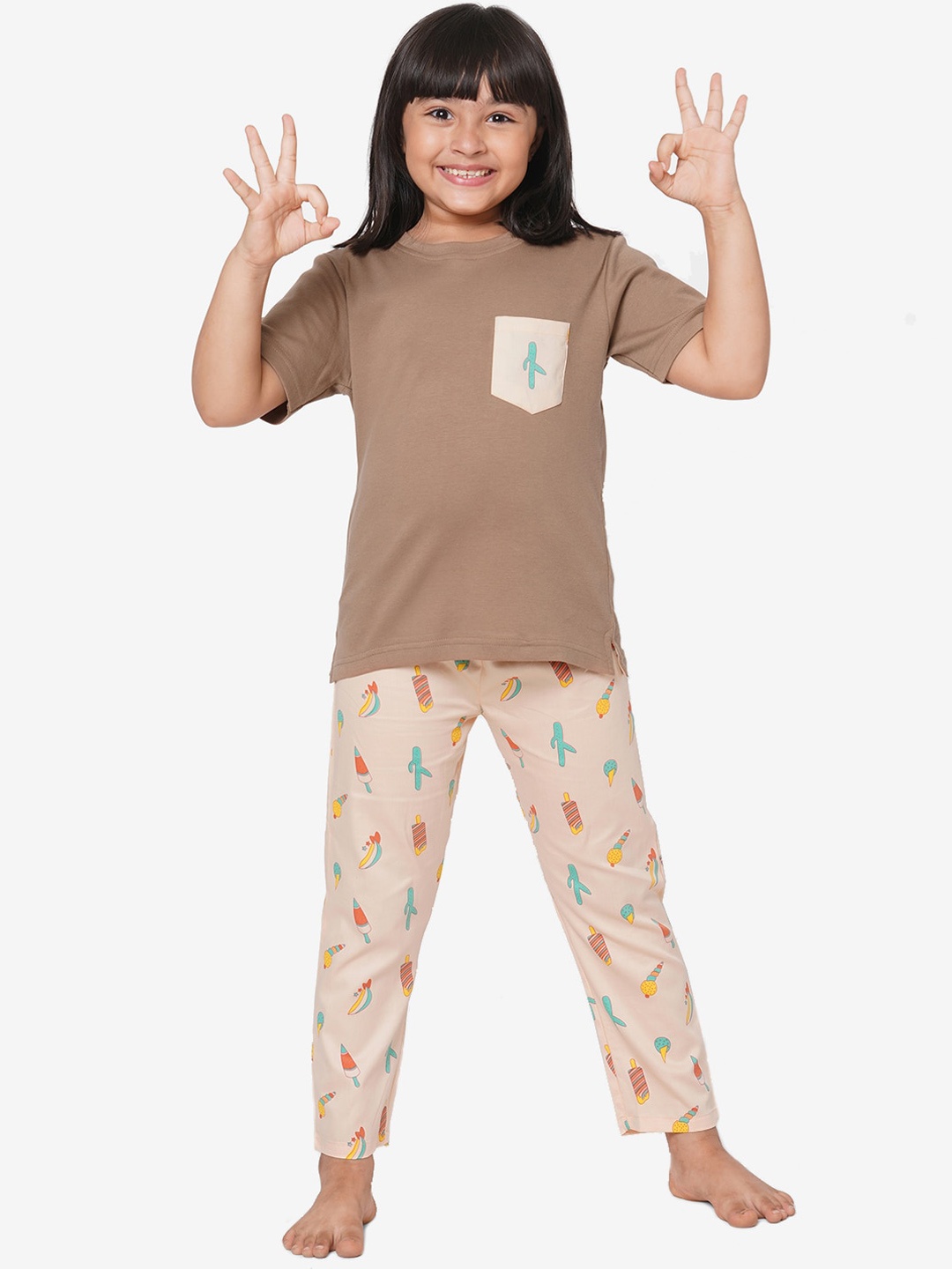 

CASA DE NEE NEE Unisex Kids Brown & Yellow Printed Pure Cotton Night suit