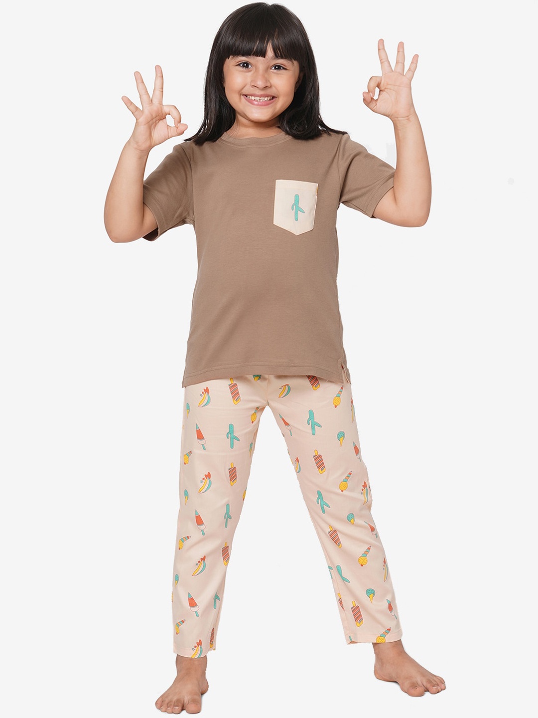 

CASA DE NEE NEE Kids Brown & Peach-Coloured Pure Cotton Night Suit