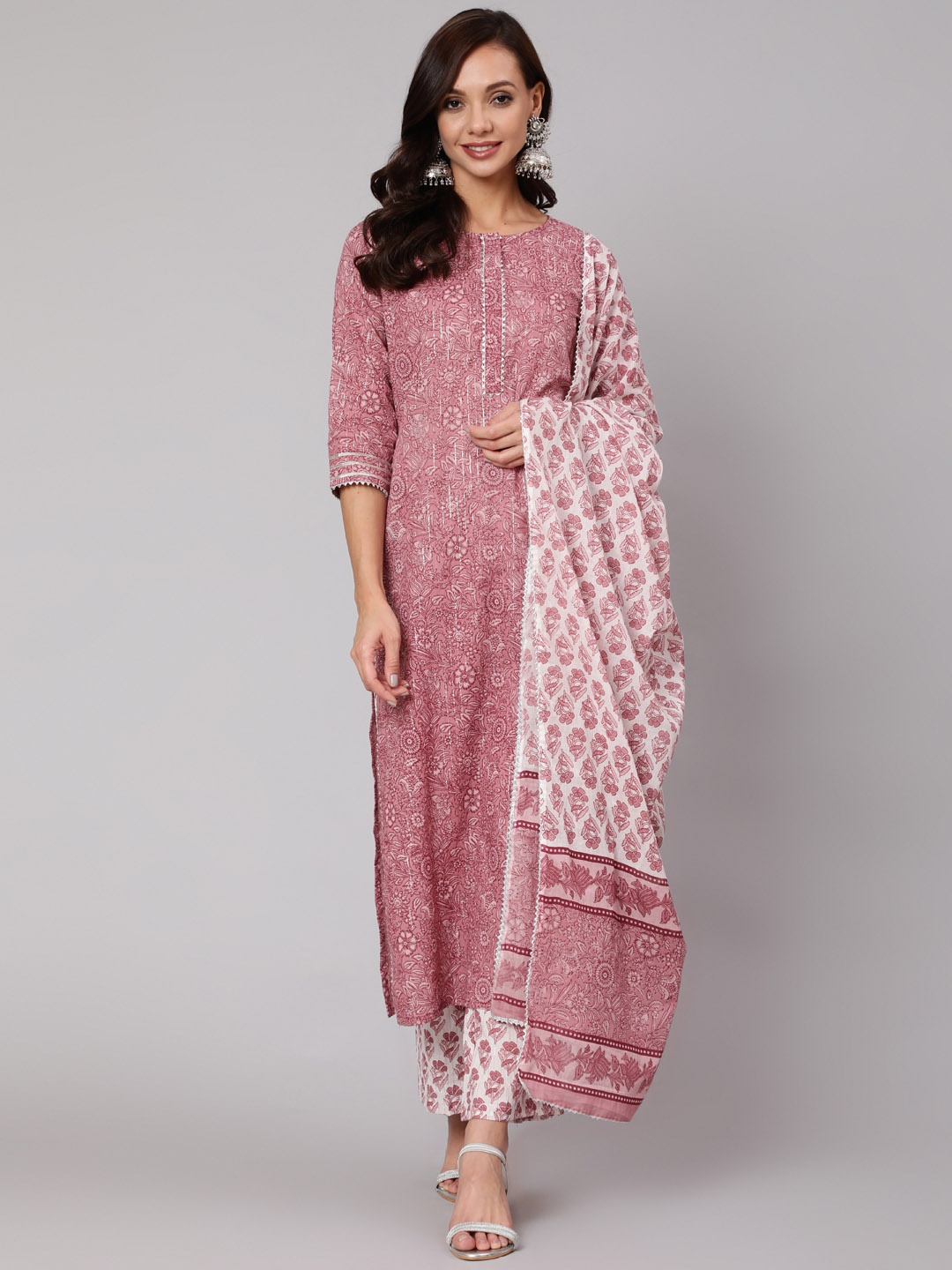 

Nayo Women Pink Floral Printed Pure Cotton Kurta with Palazzos & With Dupatta