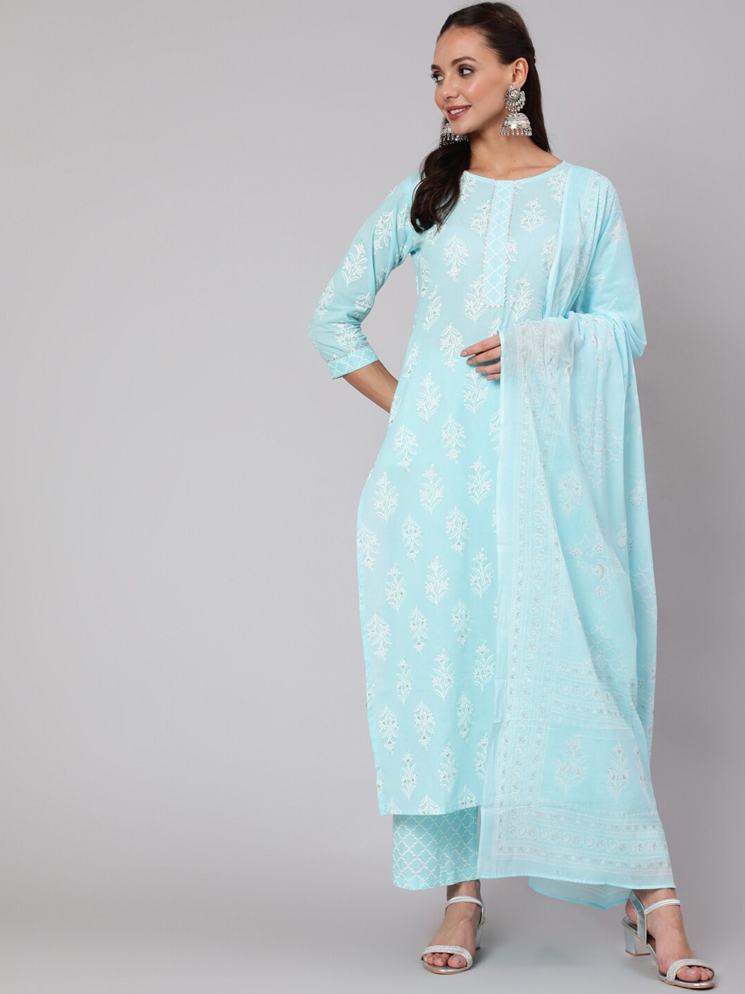 

Nayo Women Blue Floral Printed Pure Cotton Kurta with Palazzo & Dupatta
