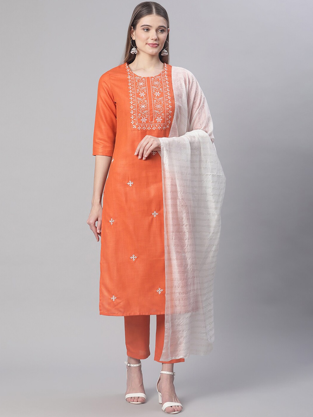 

Sringam Women Orange Ethnic Motifs Embroidered Pure Cotton Kurta with Trousers & With Dupatta
