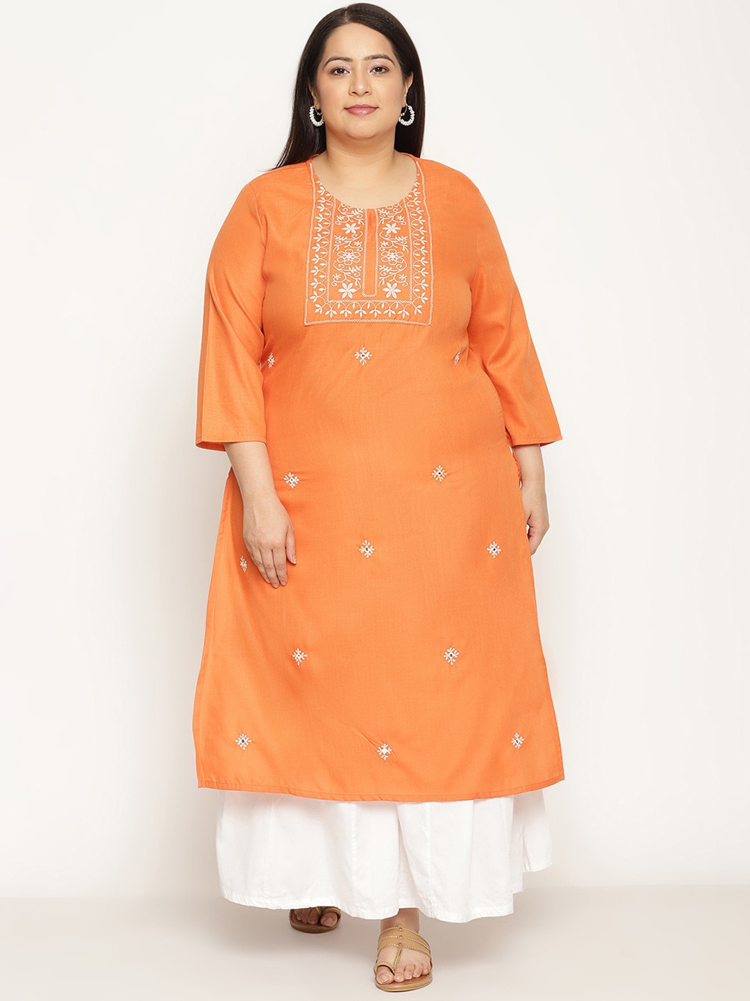 

Sringam Women Orange Ethnic Motifs Embroidered Thread Work Kurta