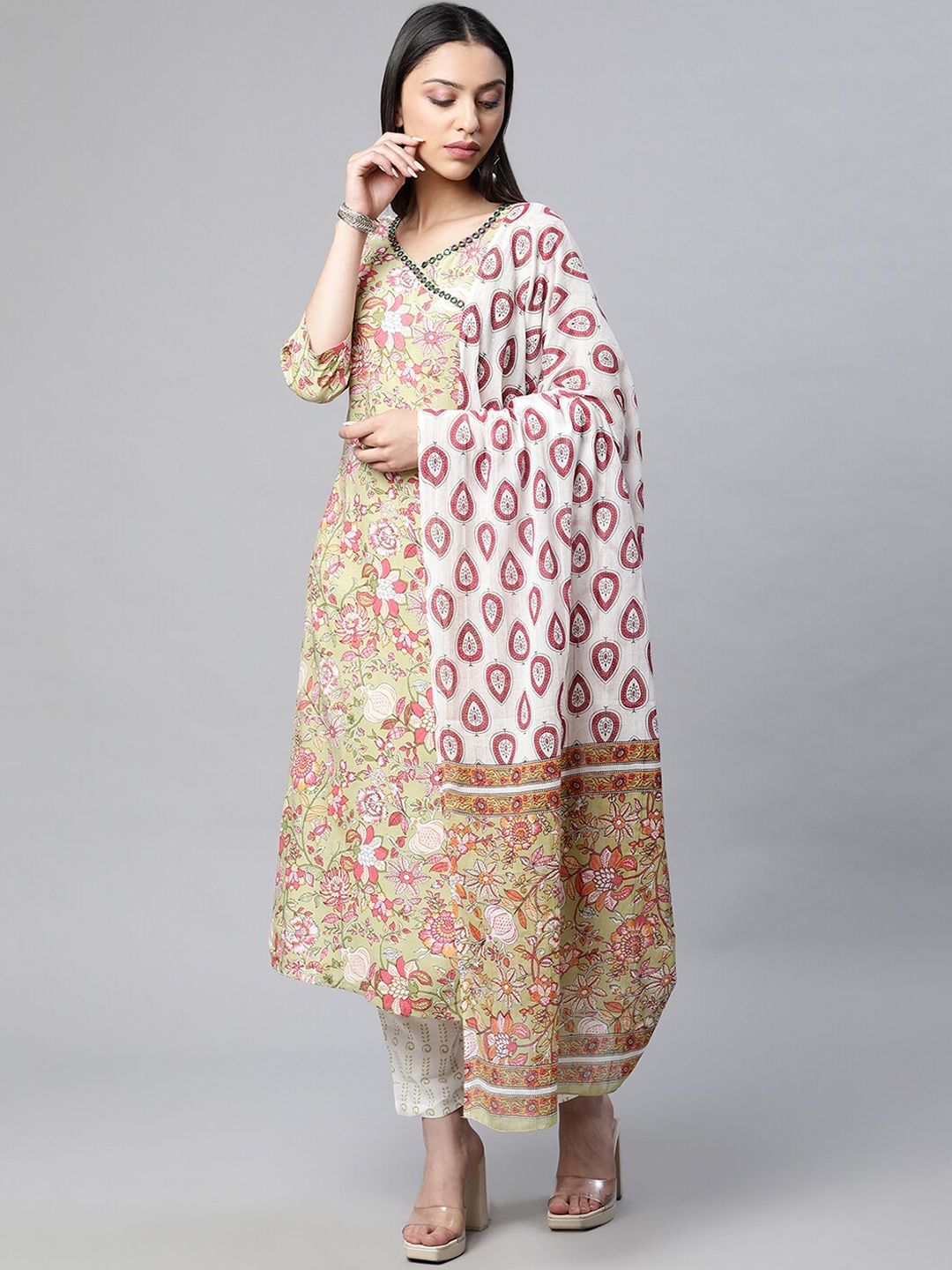 

Sringam Women Green Floral Printed Angrakha Mirror Work Kurta with Trousers & With Dupatta