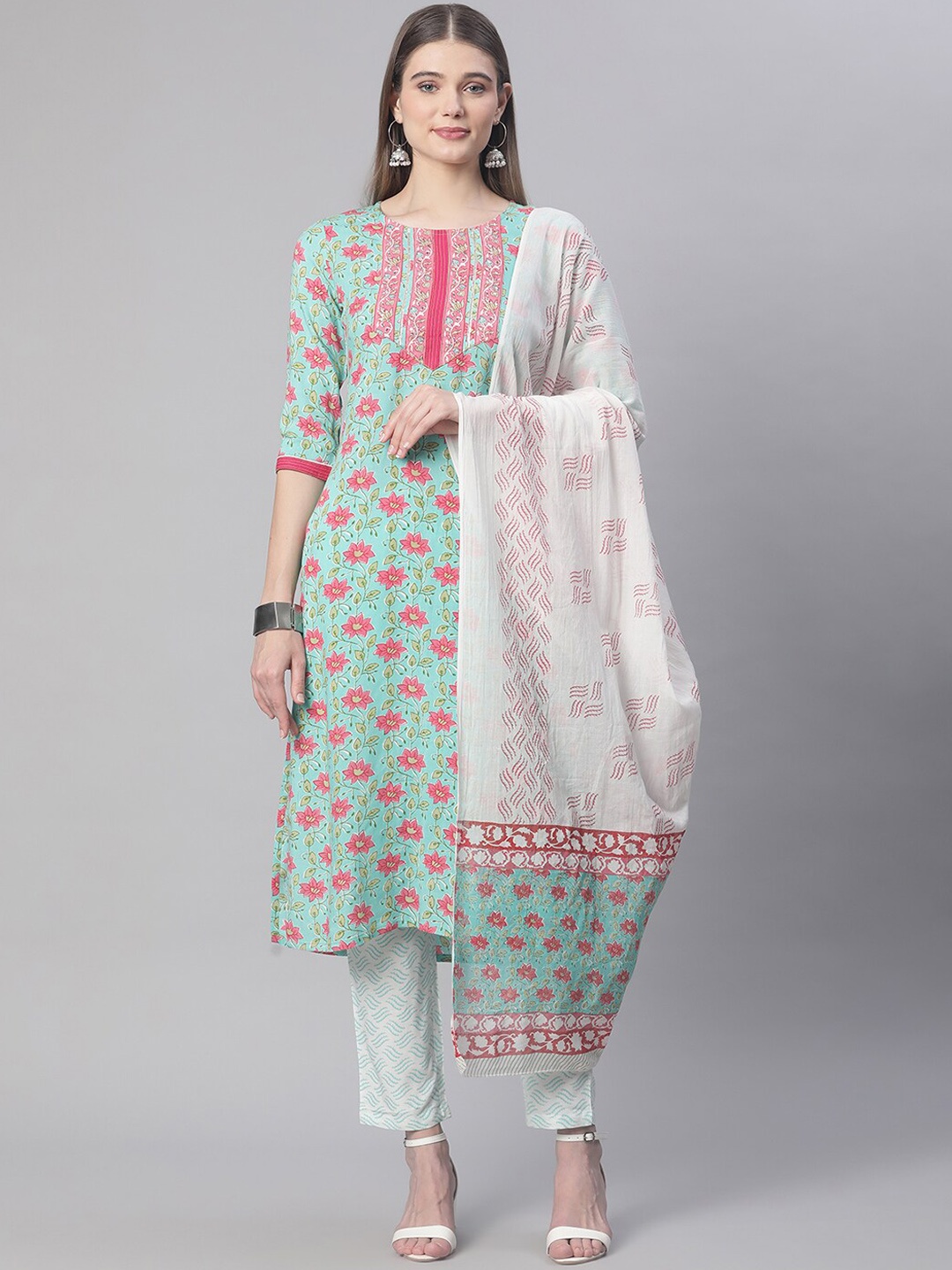 

Sringam Women Green Embroidered Panelled Kurti with Trousers & With Dupatta