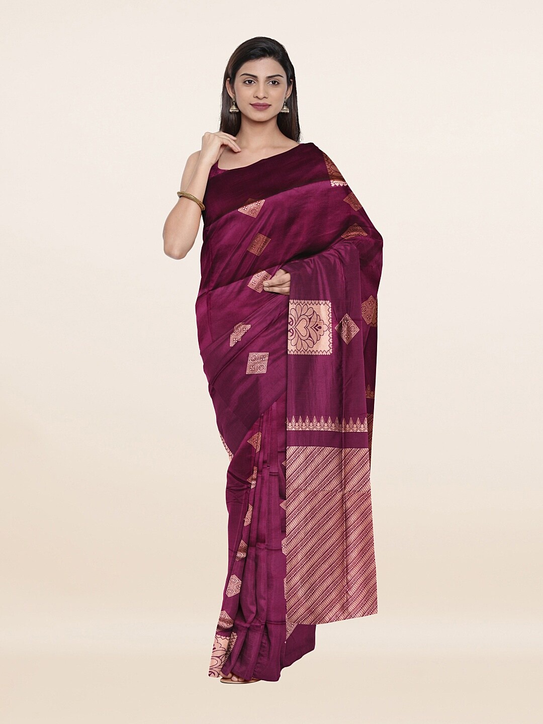 

Pothys Violet & Gold-Toned Woven Design Art Silk Saree