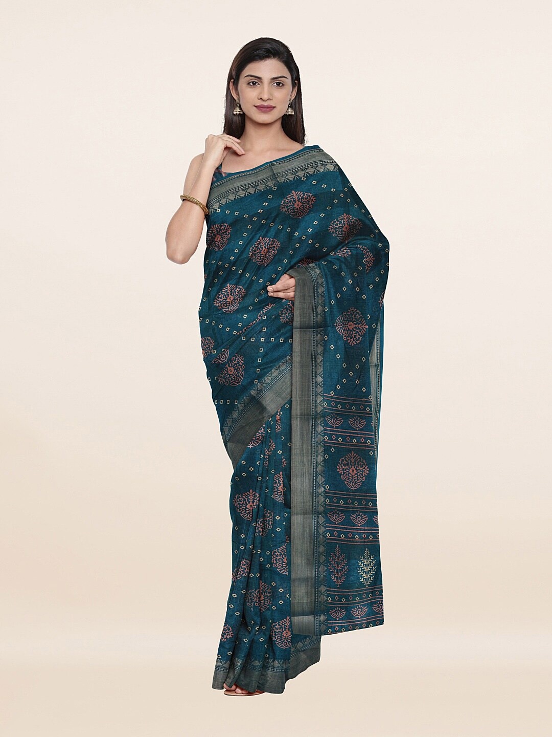 

Pothys Blue & Gold-Toned Floral Printed Cotton Blend Saree
