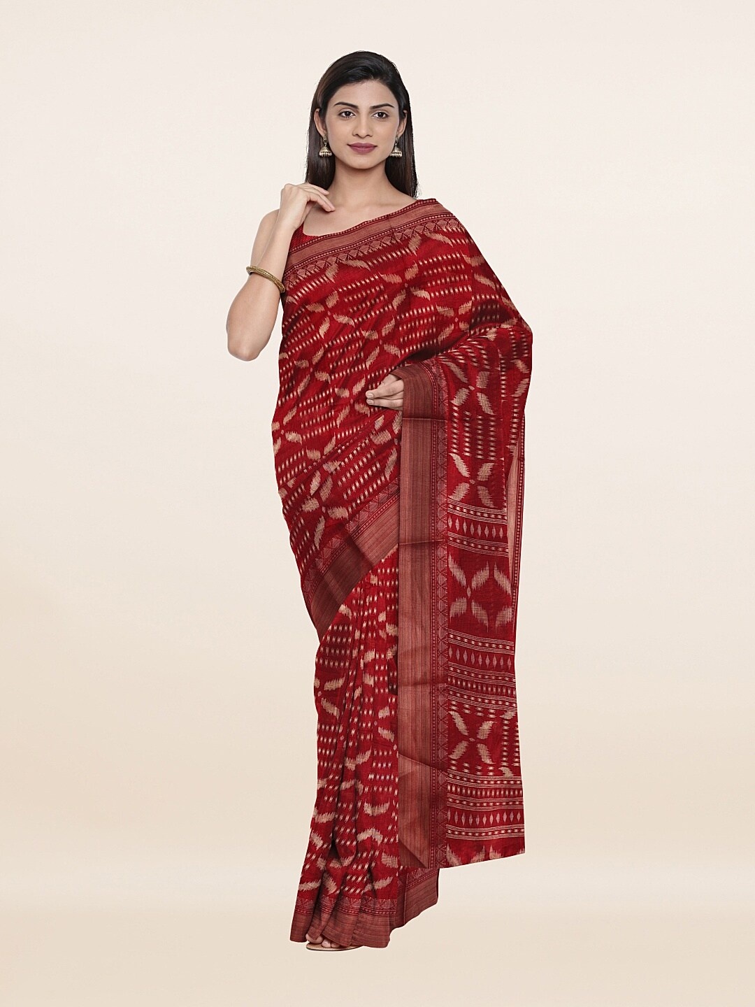 

Pothys Maroon & Gold-Toned Printed Cotton Blend Saree