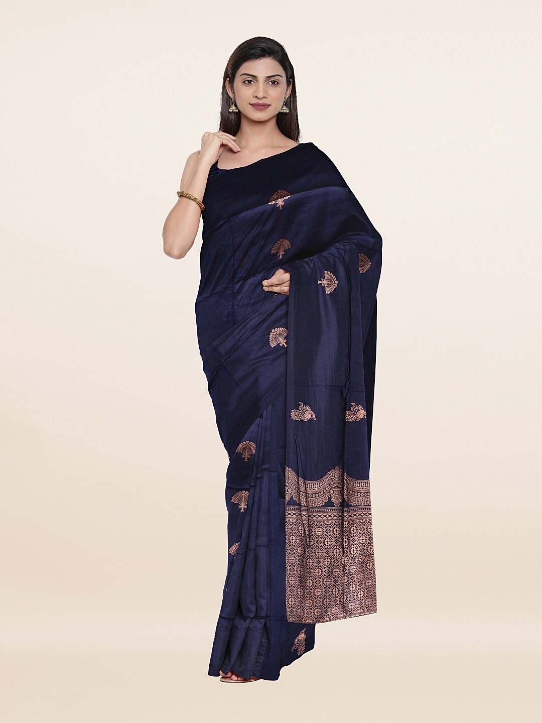 

Pothys Blue & Gold-Toned Floral Woven Design Art Silk Saree